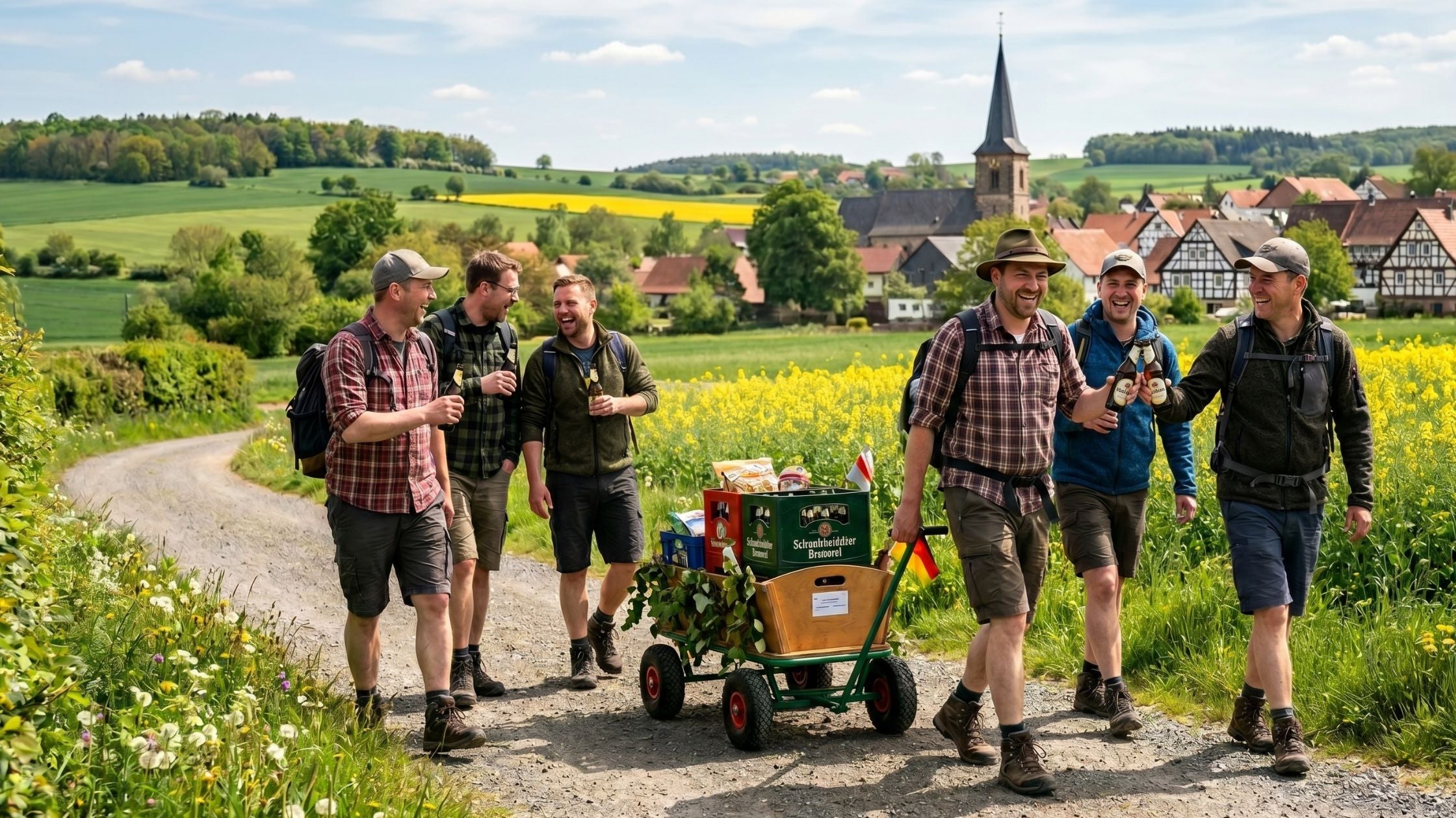 Eine Gruppe von sechs Männern wandert mit einem geschmückten Bollerwagen voller Bier durch ein Rapsfeld vor einem Dorf.