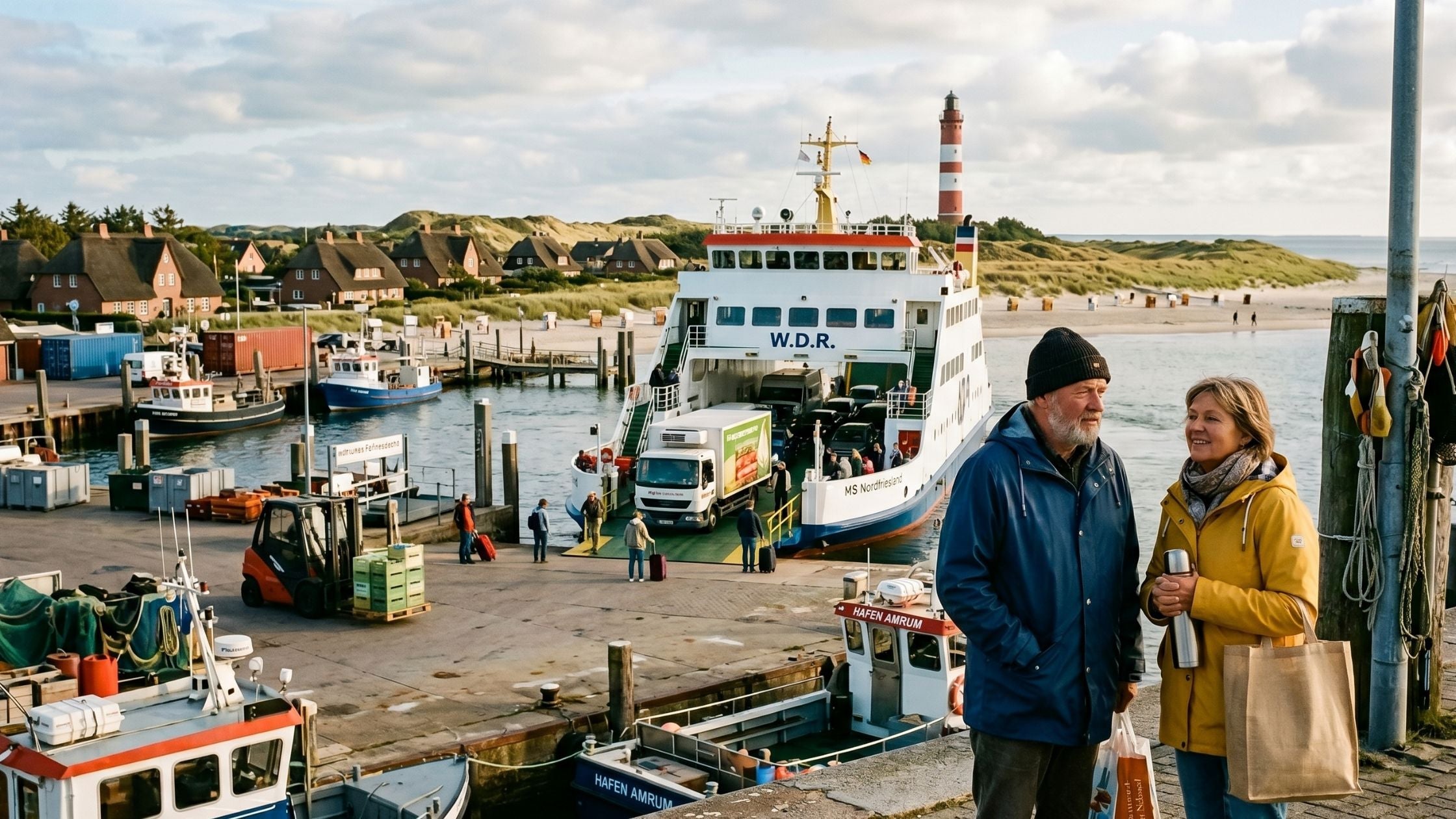Ein älteres Paar steht am Hafen von Wittdün auf Amrum, während eine große W.D.R.-Fähre anlegt. Reetdachhäuser und ein Leuchtturm im Hintergrund.