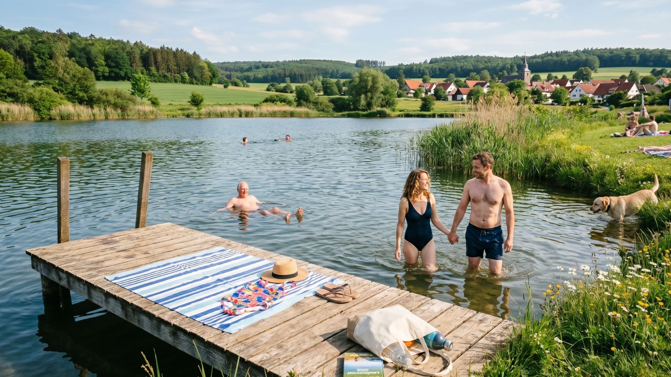 Idyllische Badeszene an einem See auf dem Land: Ein Paar steht Hand in Hand im flachen Wasser neben einem Holzsteg, im Hintergrund ein malerisches Dorf mit Kirchturm und grüne Hügel.