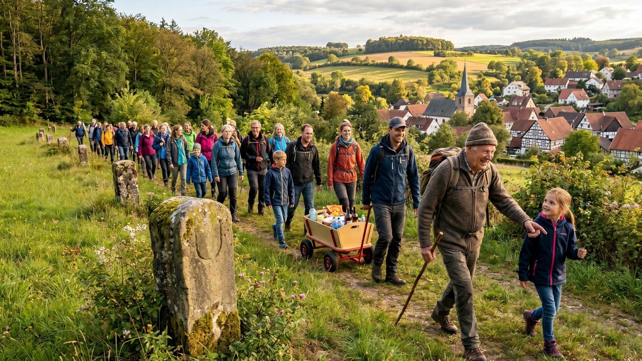 Eine Gruppe von Menschen unterschiedlichen Alters wandert bei einem traditionellen Grenzgang an einem alten Stein vorbei, im Hintergrund ein malerisches Dorf in hügeliger Landschaft.