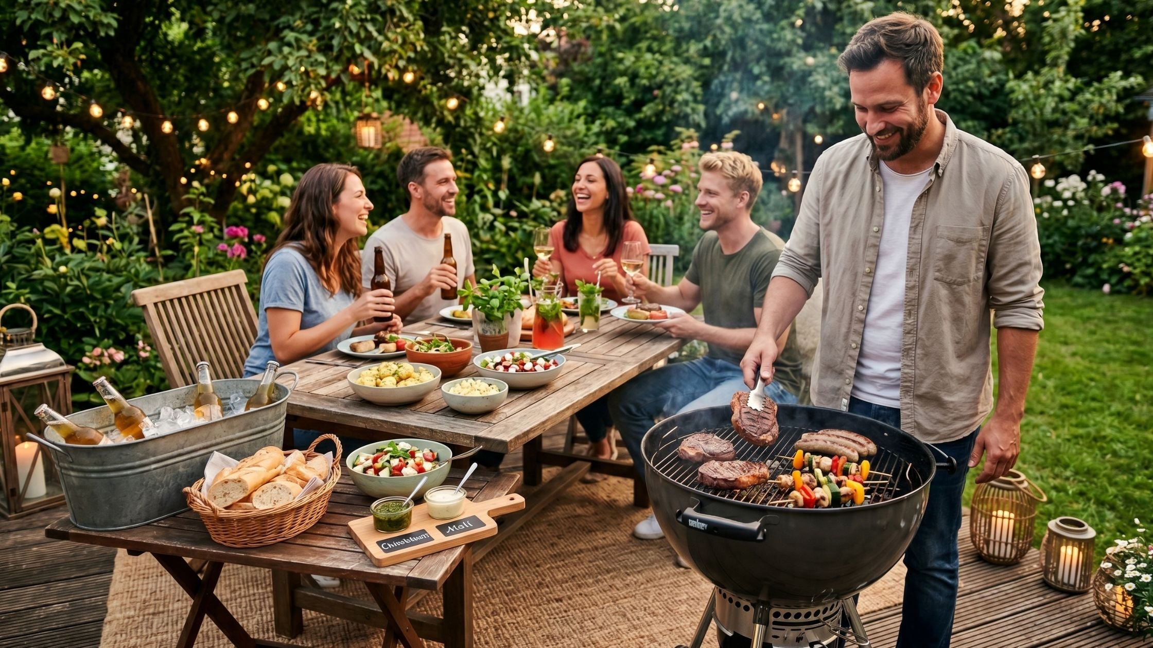Stimmungsvolle Gartenparty am Abend. Freunde sitzen an einem langen Holztisch mit Salaten und Getränken, beleuchtet von Lichterketten und Laternen. Ein Mann am Kugelgrill bereitet das Essen zu.
