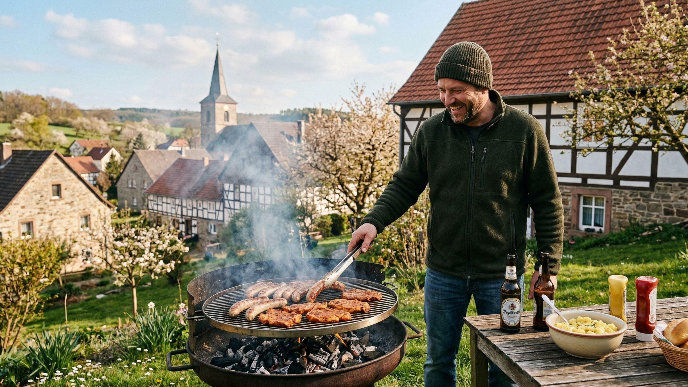 Ein Mann in Mütze und Jacke grillt Würstchen und Fleisch im Garten mit Blick auf ein deutsches Dorf im Frühling.
