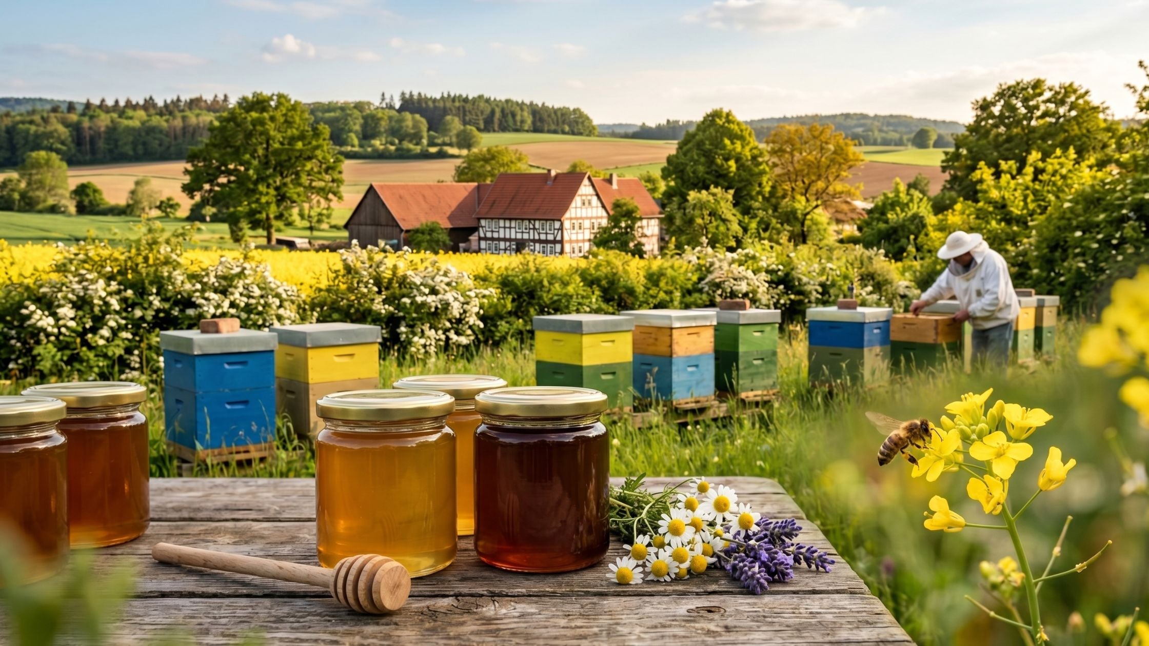Mehrere Gläser Honig auf einem Holztisch im Vordergrund, dahinter bunte Bienenstöcke und ein arbeitender Imker vor einem ländlichen Fachwerkhaus.