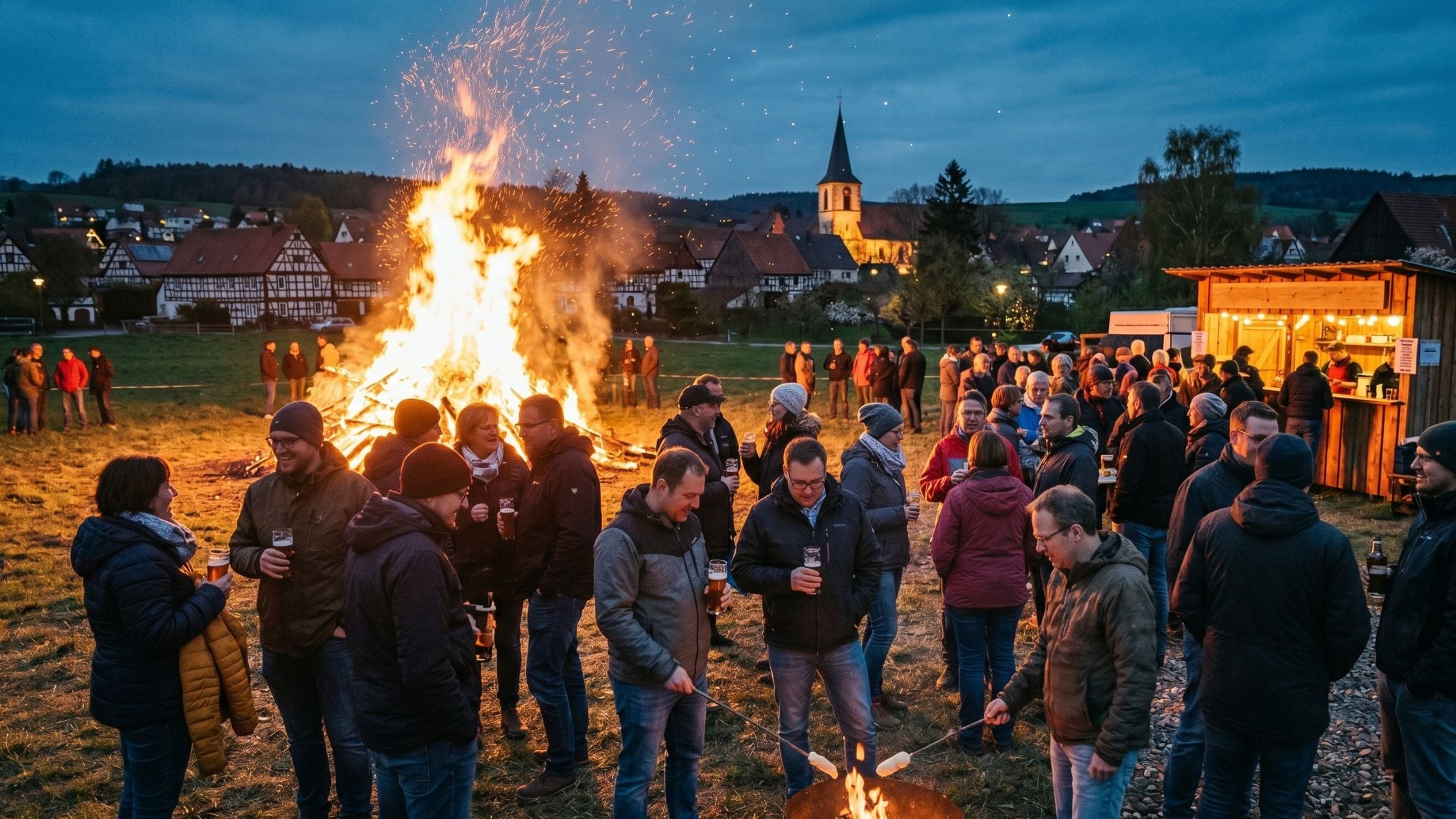 Eine große Gruppe Erwachsener steht am Abend gesellig um ein loderndes Maifeuer auf einer Wiese am Dorfrand; im Hintergrund sind beleuchtete Fachwerkhäuser und eine Kirche unter einem dämmerigen Abendhimmel zu sehen.