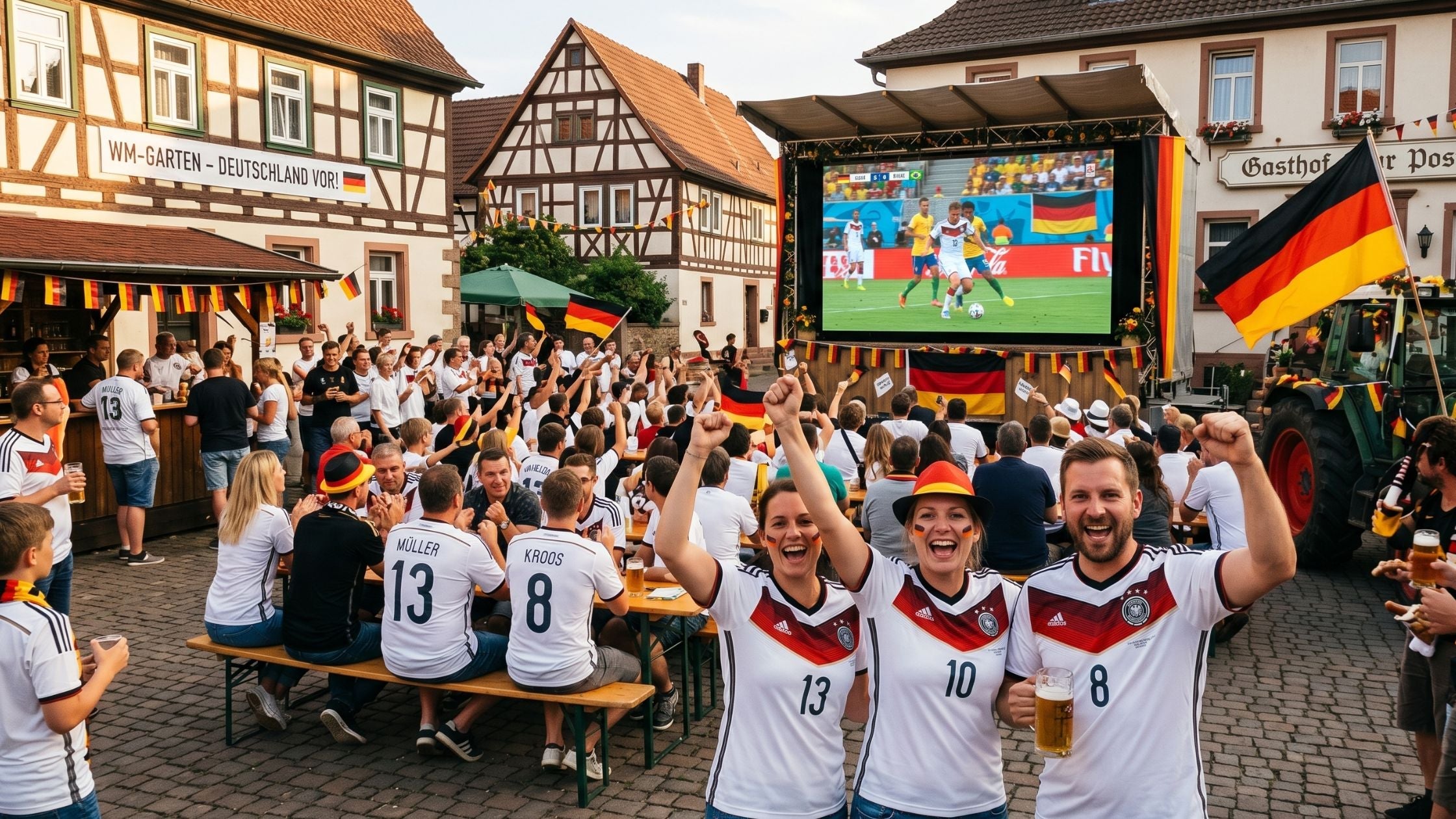 Ein Public Viewing auf dem Marktplatz eines typisch deutschen Dorfes.