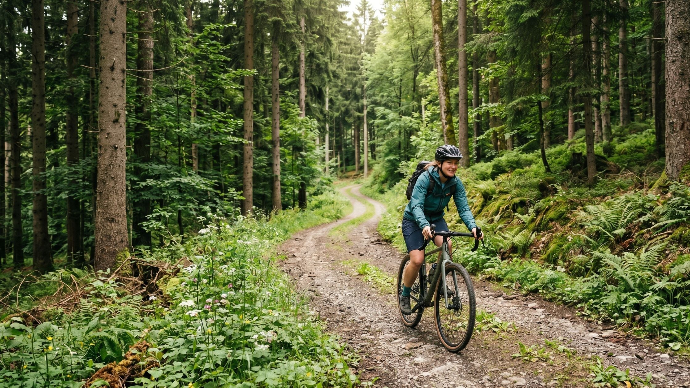 Radfahren in der Natur: Eine Frau genießt eine Tour mit dem Mountainbike auf einem idyllischen Pfad durch einen hellen Nadelwald.
