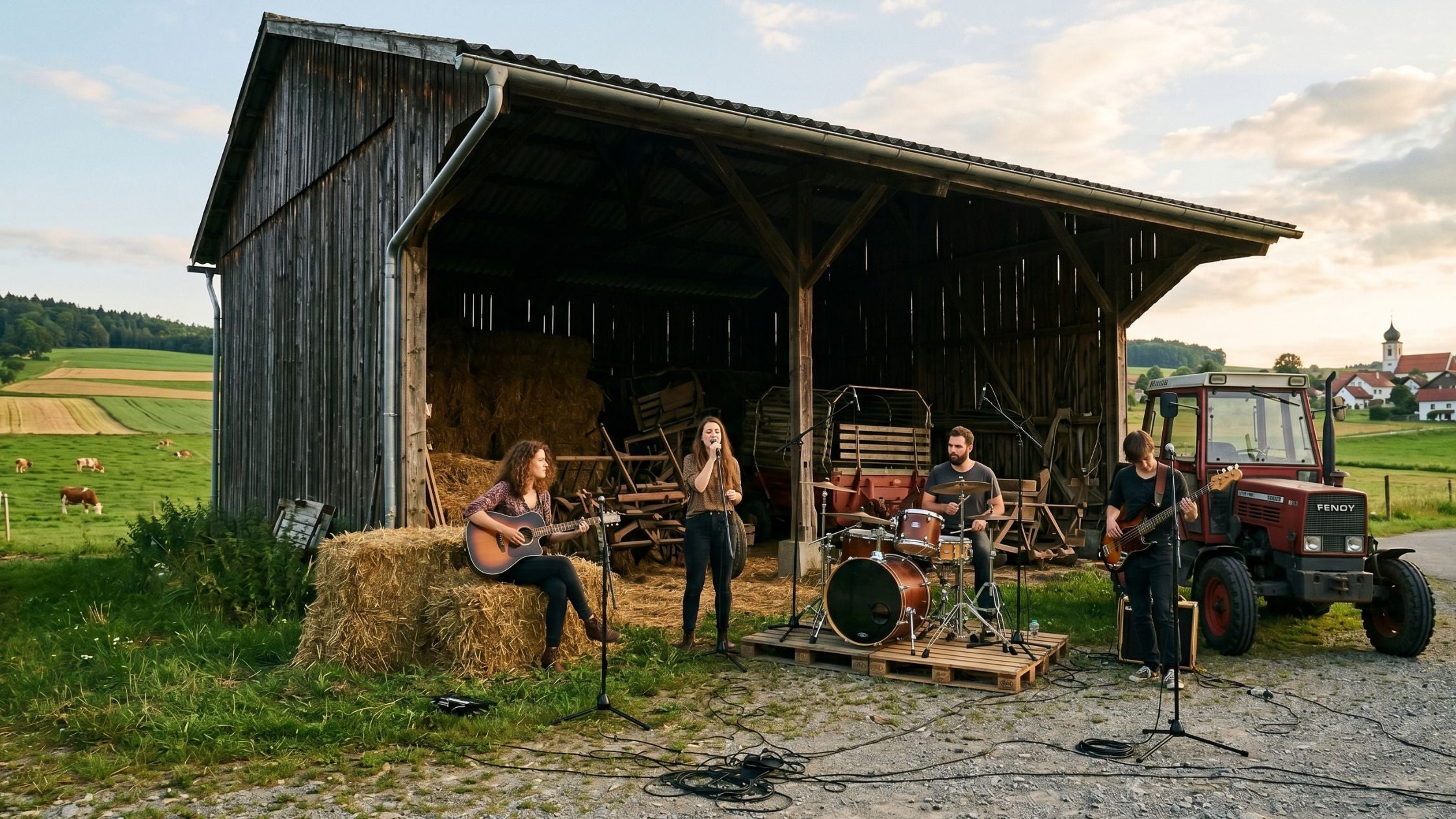 Eine vierköpfige Band bei einer Musikprobe vor einer rustikalen Holzscheune in einer ländlichen Idylle mit einem Traktor, weiten Feldern und einem kleinen Dorf im Hintergrund.