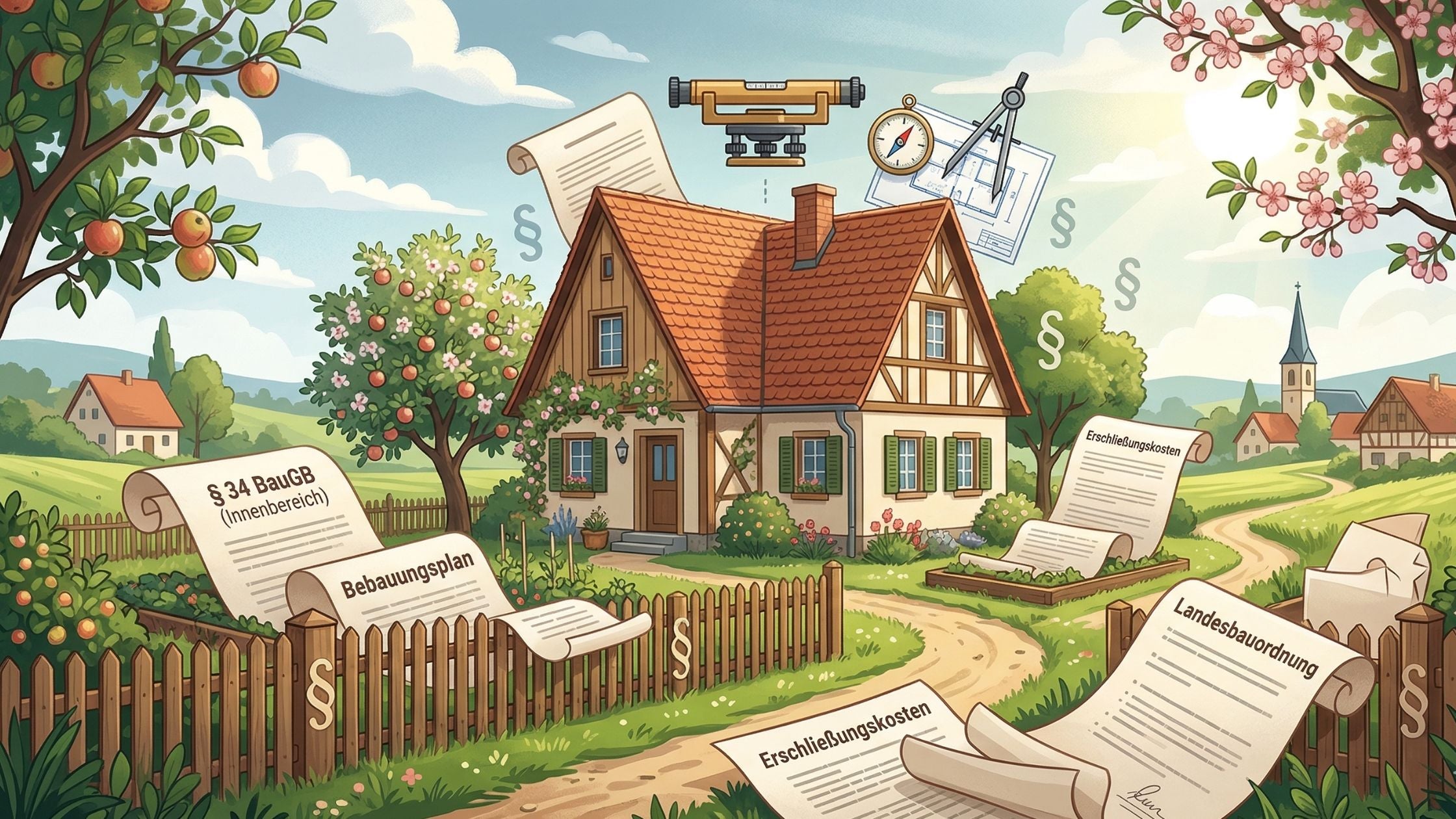 Illustration eines idyllischen Hauses auf dem Dorf, umgeben von schwebenden Gesetzestexten, Paragraphen und Dokumenten wie dem Bebauungsplan und der Landesbauordnung.