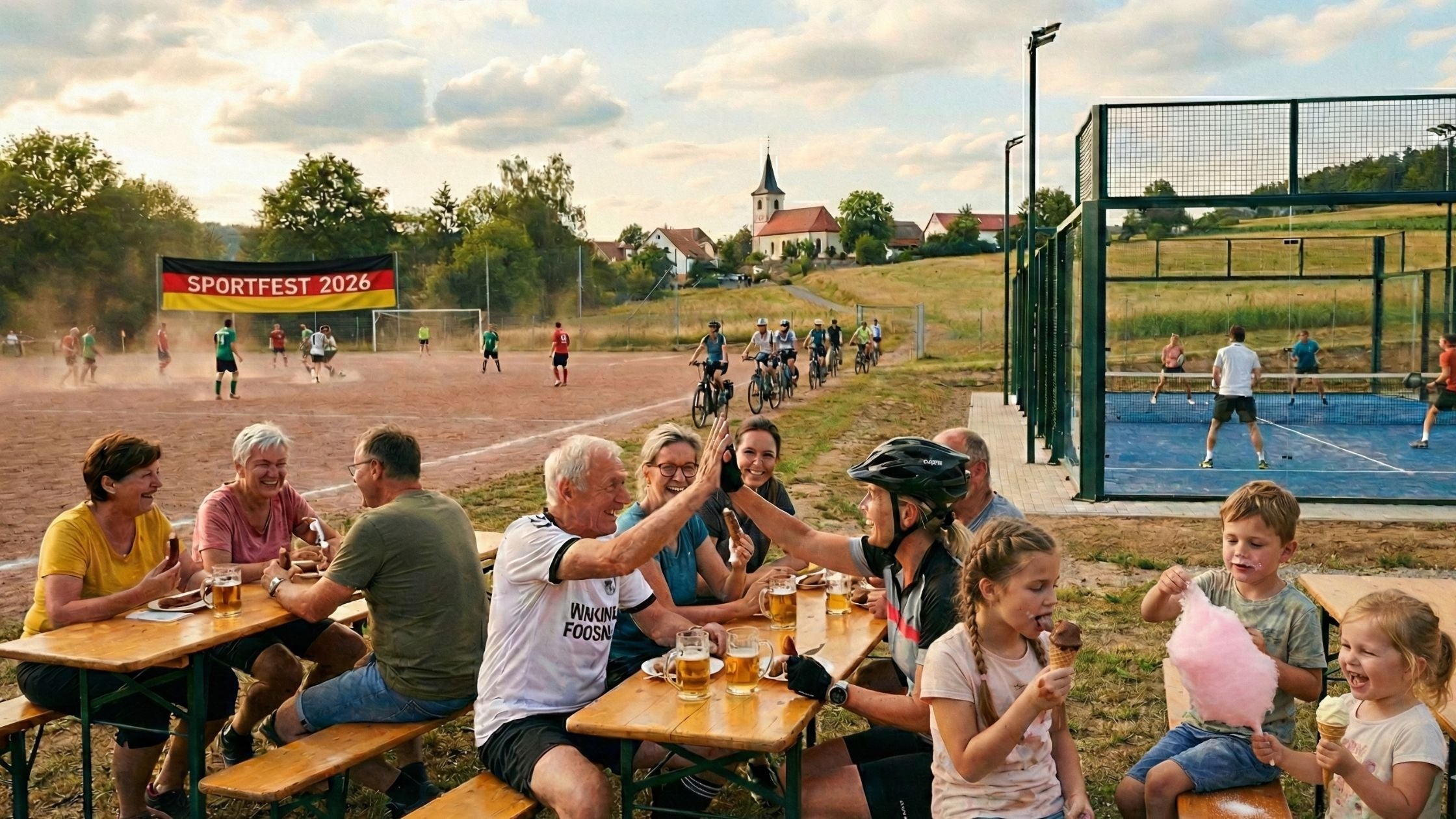Menschen aus dem Dorf genießen den Sport und Essen. Man sieht viele Teilnehmer beim Sportfest 2026. Menschen fahren Fahrrad, spielen Fußball und Paddel. Die anderen speisen und lachen.