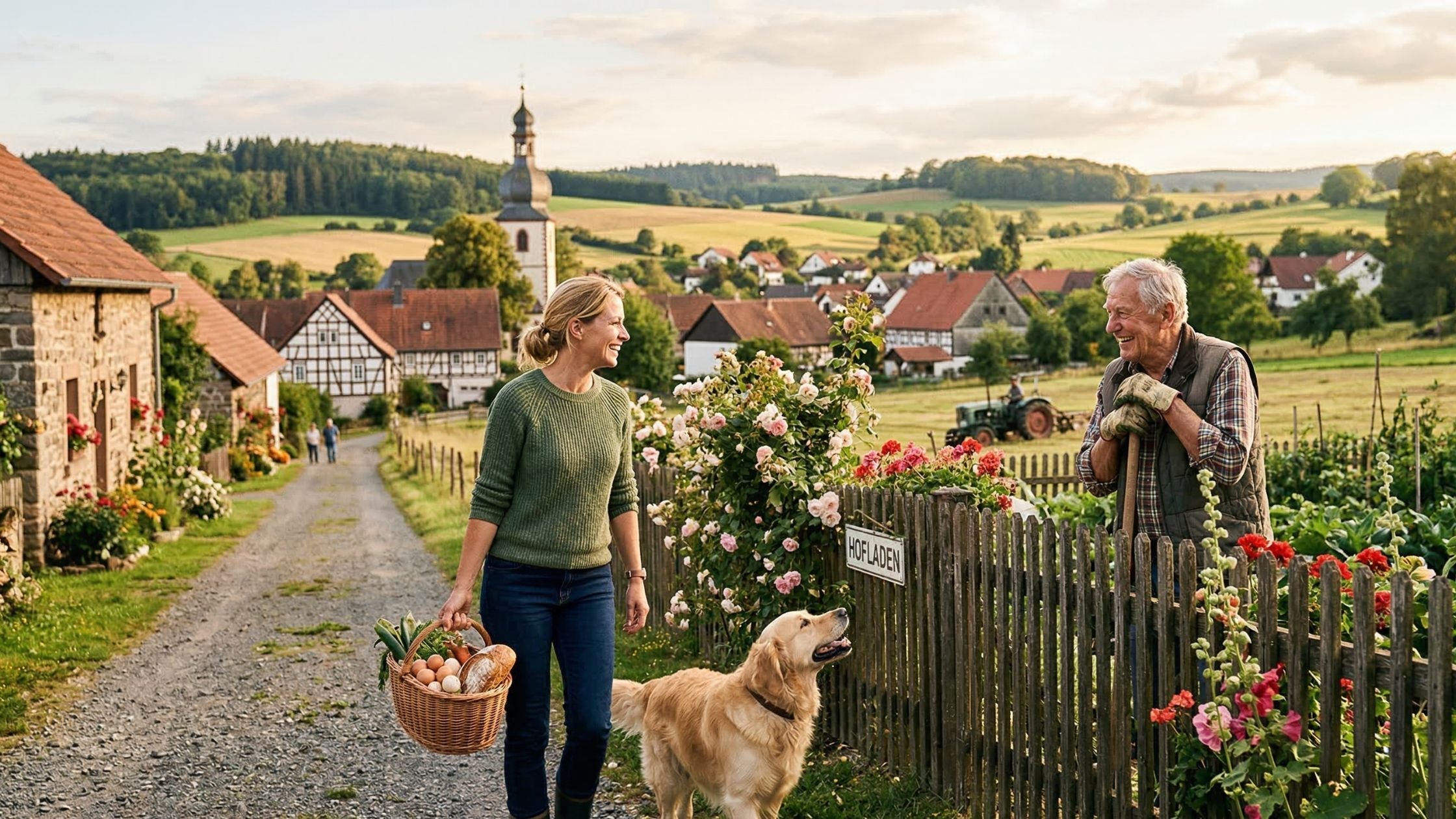 Auf dem Bild sieht man eine Frau mit einem Mann sich unterhalten. Sie geht mit ihrem Hund spazieren.