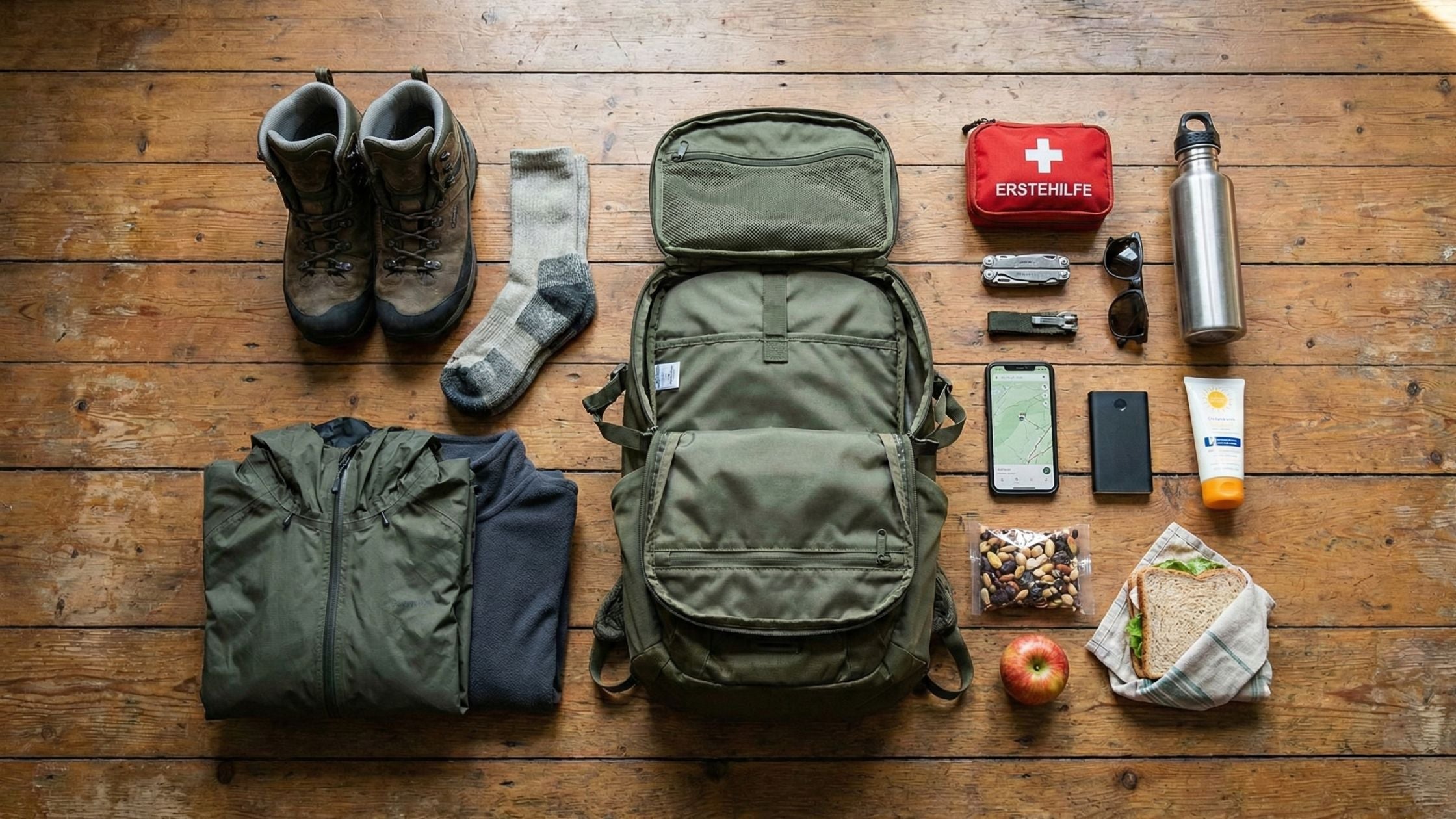 Auf diesem Bild sieht man die ultimative Packliste für eine Wanderung. Rucksack, Socken, Jacke, Proviant, Erstehilfeset, Handy, Sonnencreme und Sonnenbrille.