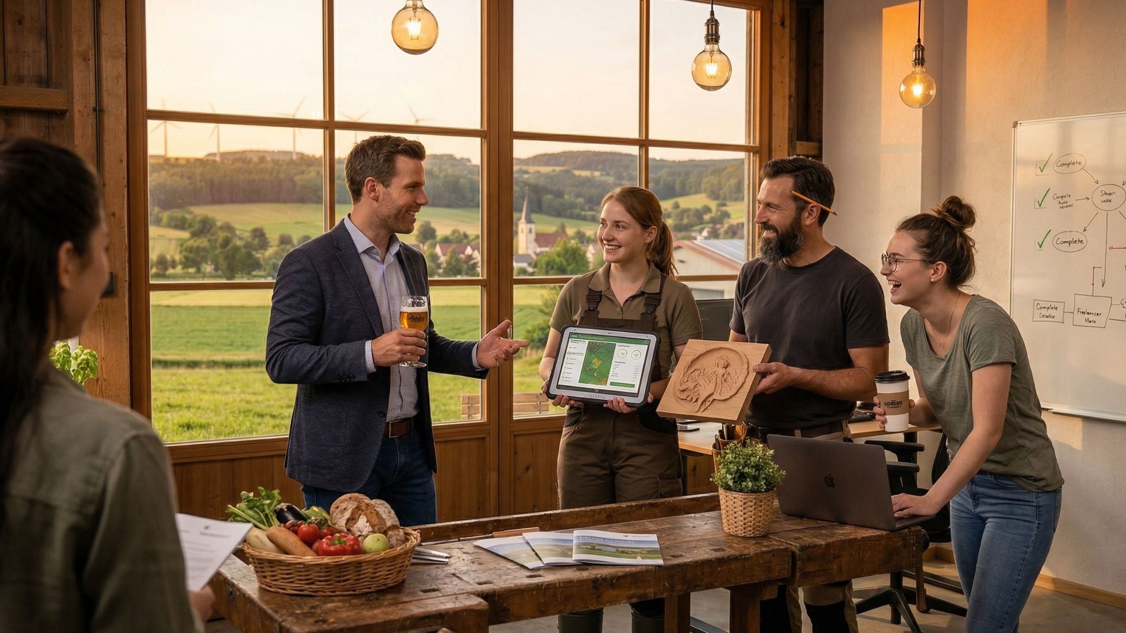Eine diverse Gruppe von Fachkräften aus den Bereichen Landwirtschaft, Handwerk und IT in einem modernen, rustikalen Gemeinschaftsbüro mit weitem Blick durch ein großes Fenster auf eine ländliche Hügellandschaft mit Windrädern.
