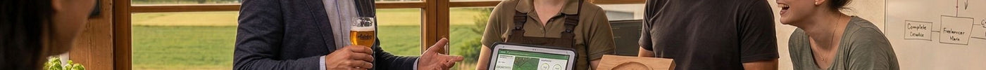 Eine diverse Gruppe von Fachkräften aus den Bereichen Landwirtschaft, Handwerk und IT in einem modernen, rustikalen Gemeinschaftsbüro mit weitem Blick durch ein großes Fenster auf eine ländliche Hügellandschaft mit Windrädern.