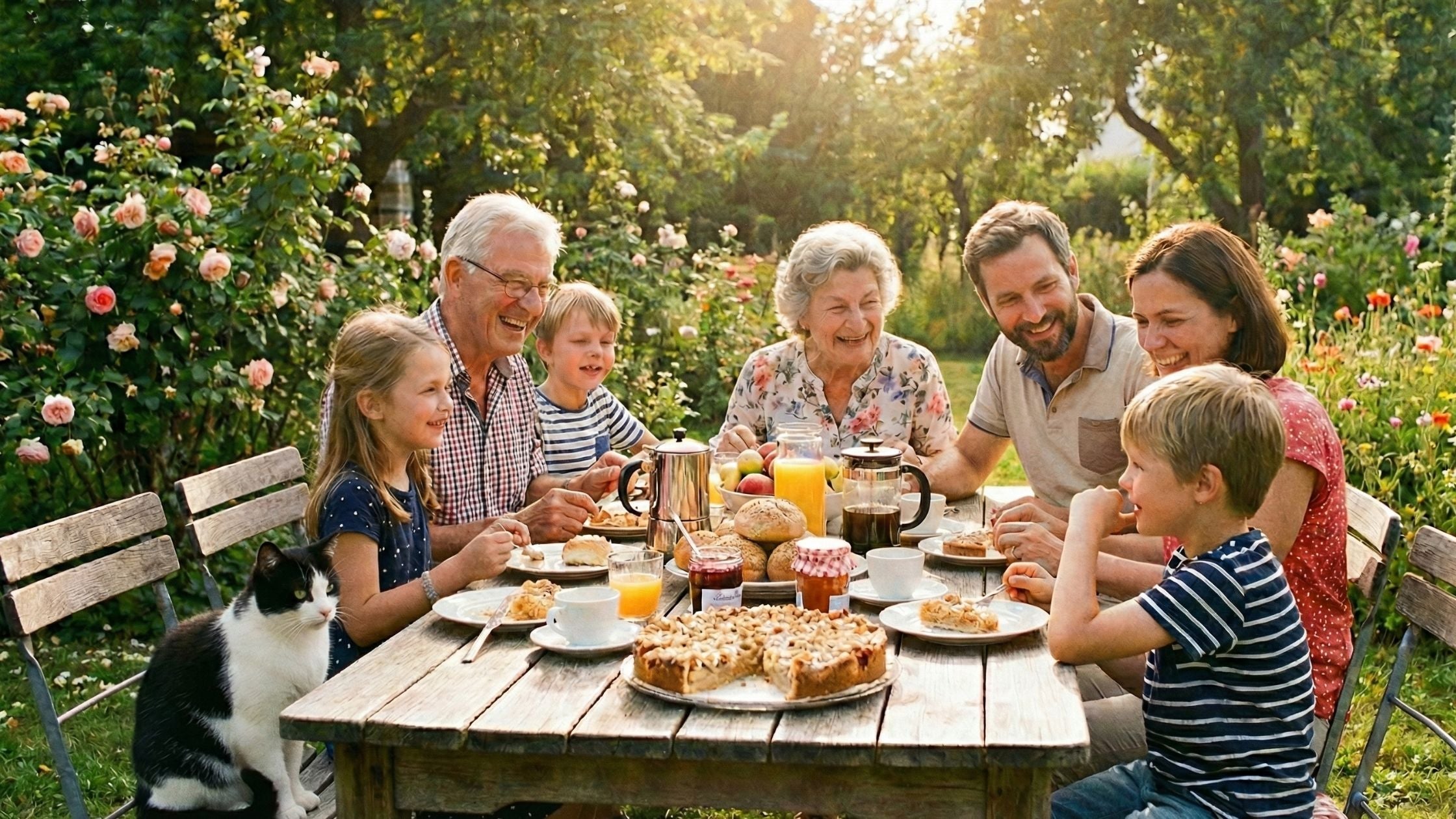 Auf diesem Bild sieht man eine glückliche Familie beim Sonntagsbrunch. Der Tisch ist mit Kaffee und Kuchen gedeckt.