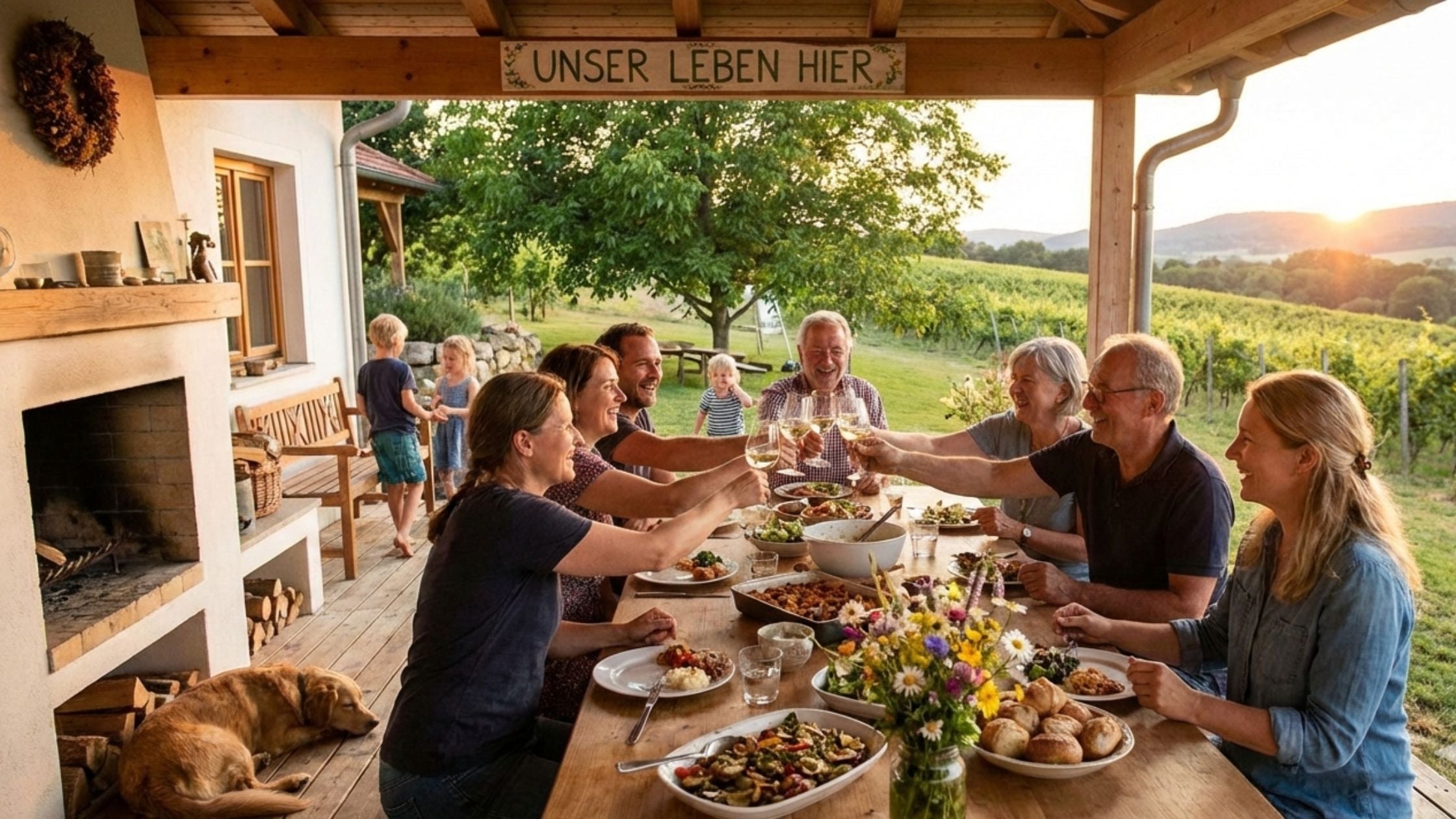 Auf diesem Bild sieht man eine glückliche Familie beim Essen. Ein Hund schläft am Kamin und Kinder spielen auf der Veranda. Es ist schönes Wetter im Gebirge.