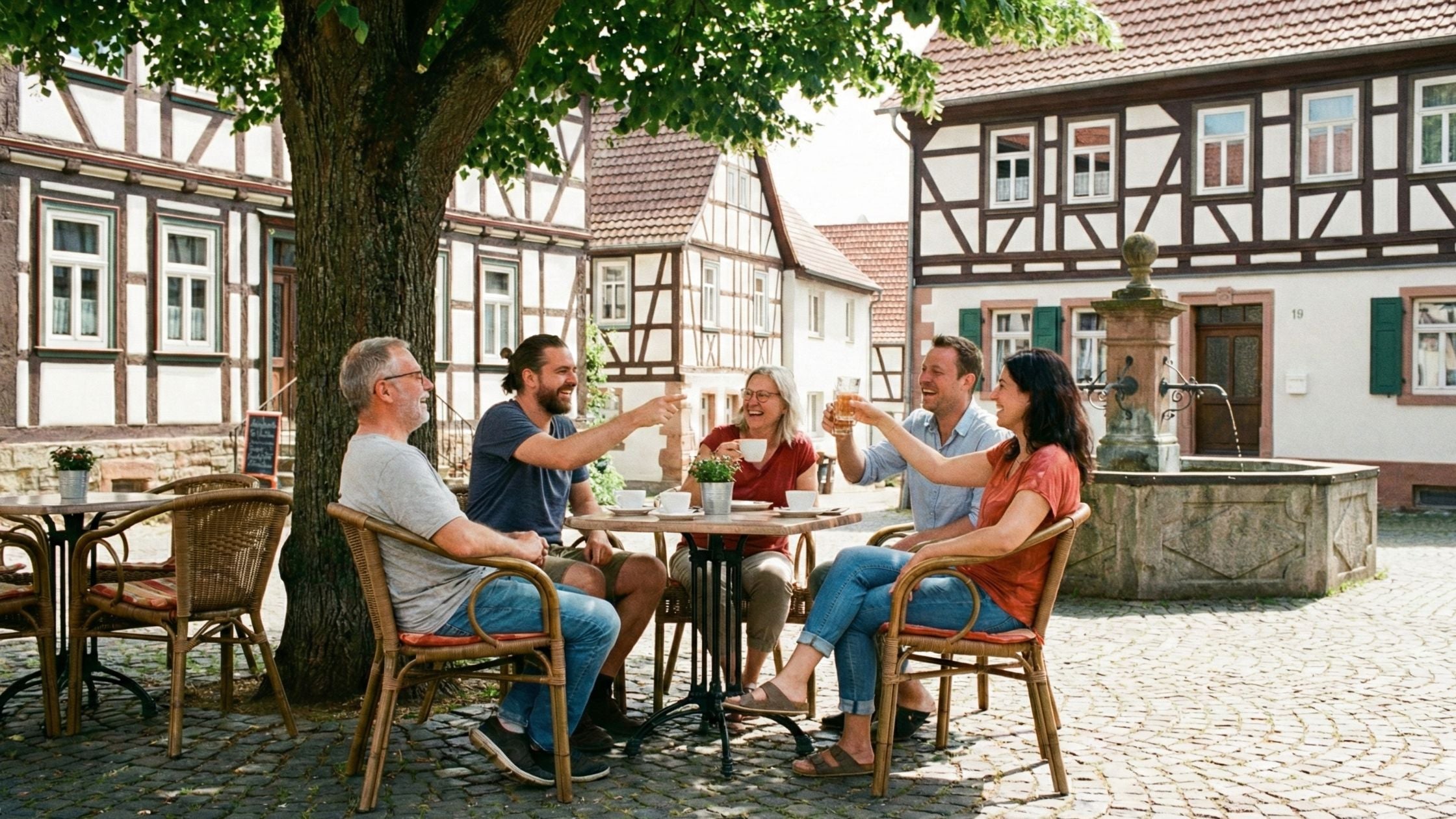 Menschen sitzen in einem Café auf dem Marktplatz und lachen und haben Spaß.