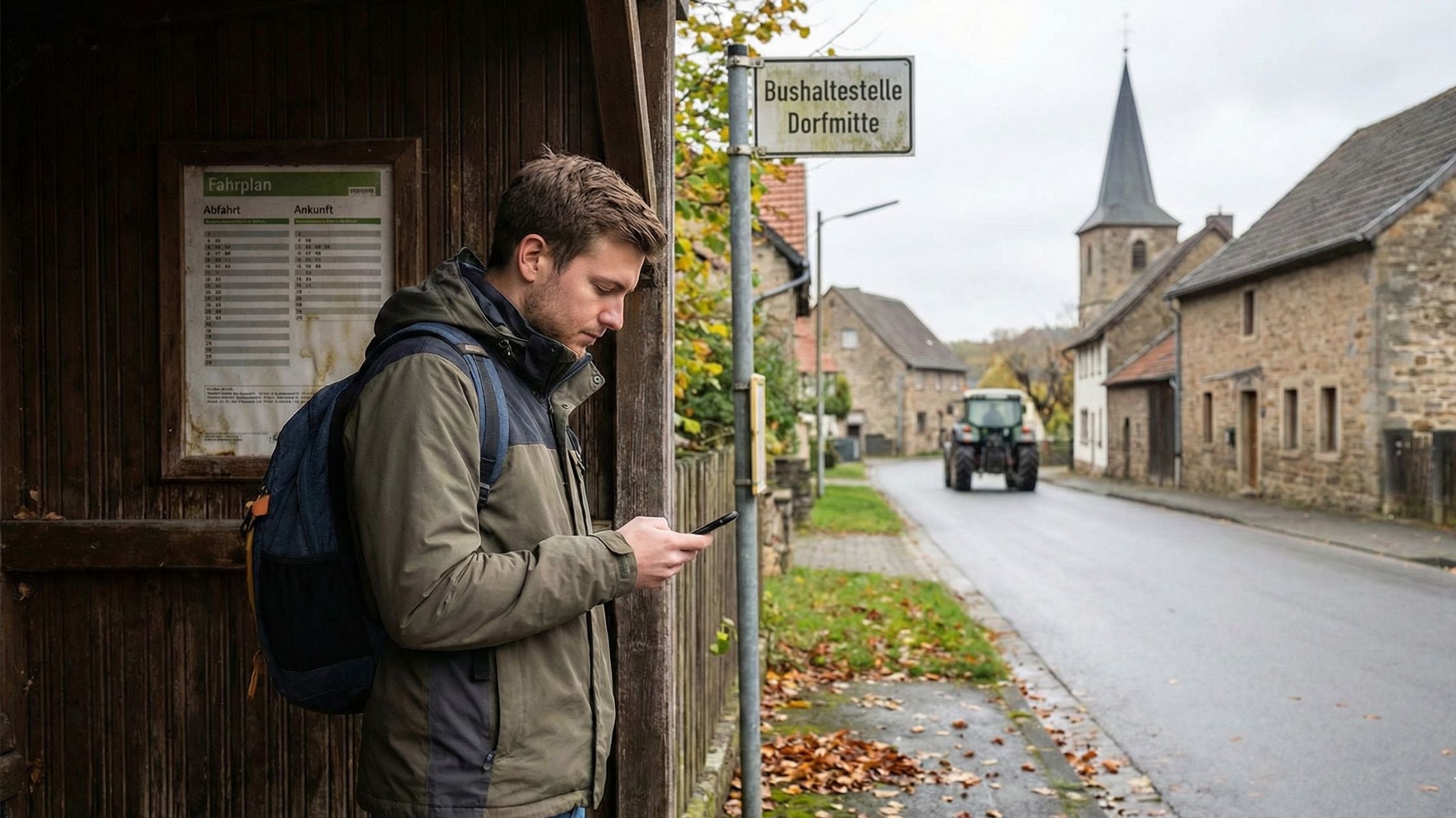 Ein junger Mann steht an der Bushaltestelle Dorfmitte, schaut auf sein Handy und wartet auf den Bus. Im Hintergrund fährt ein Traktor auf der leeren Straße.