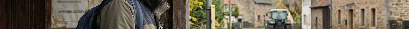 Ein junger Mann steht an der Bushaltestelle Dorfmitte, schaut auf sein Handy und wartet auf den Bus. Im Hintergrund fährt ein Traktor auf der leeren Straße.