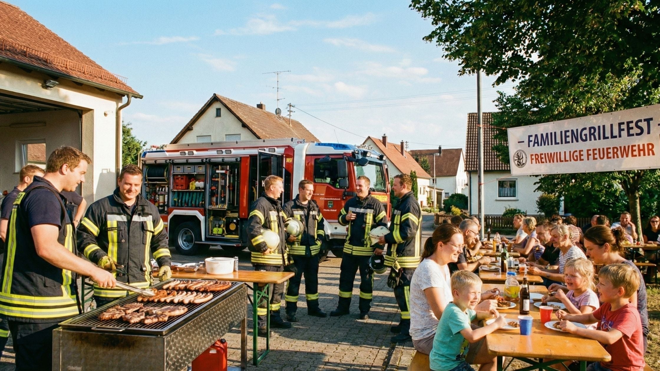 Auf dem Bild sieht man die Freiwillige Feuerwehr beim Familiengrillfest.
