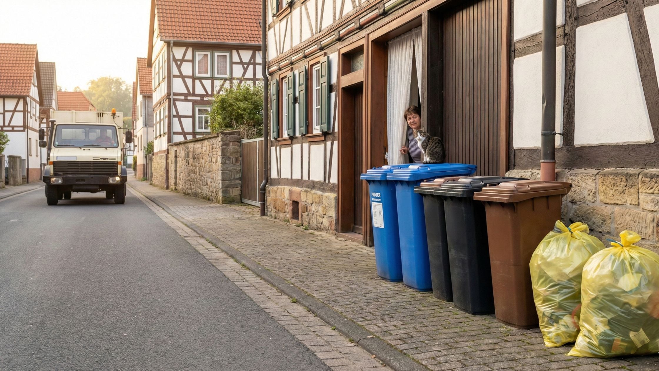 Auf dem Bild sieht man, wie die Müllabfuhr auf dem Weg ist die Mülltonnen zu leeren. Eine Damen schaut aus dem Fenster und blickt auf die Mülltonnen.