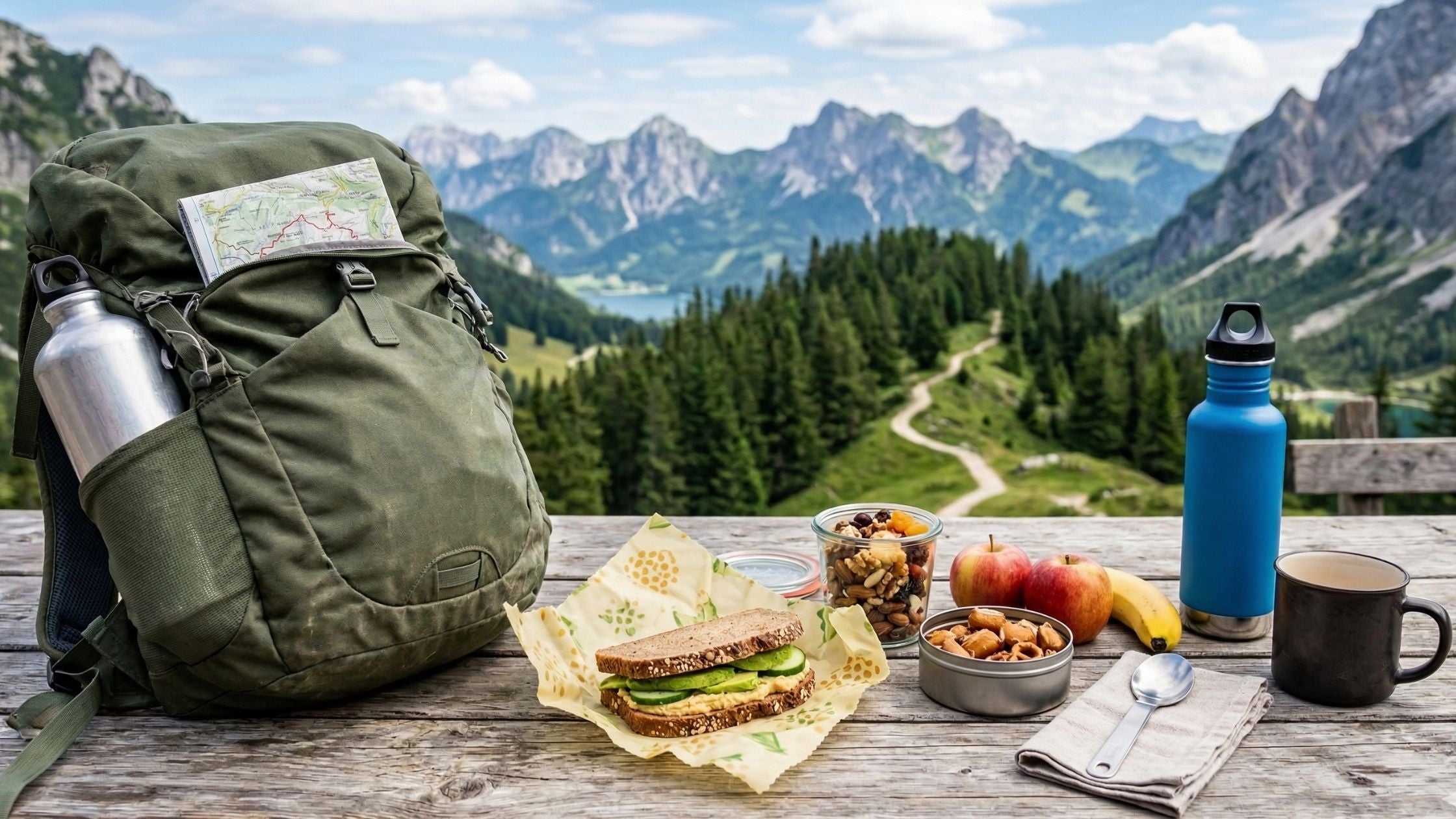 Berglandschaft im Hintergrund. Im Vordergrund steht ein Rucksack und Proviant für die Wanderung.