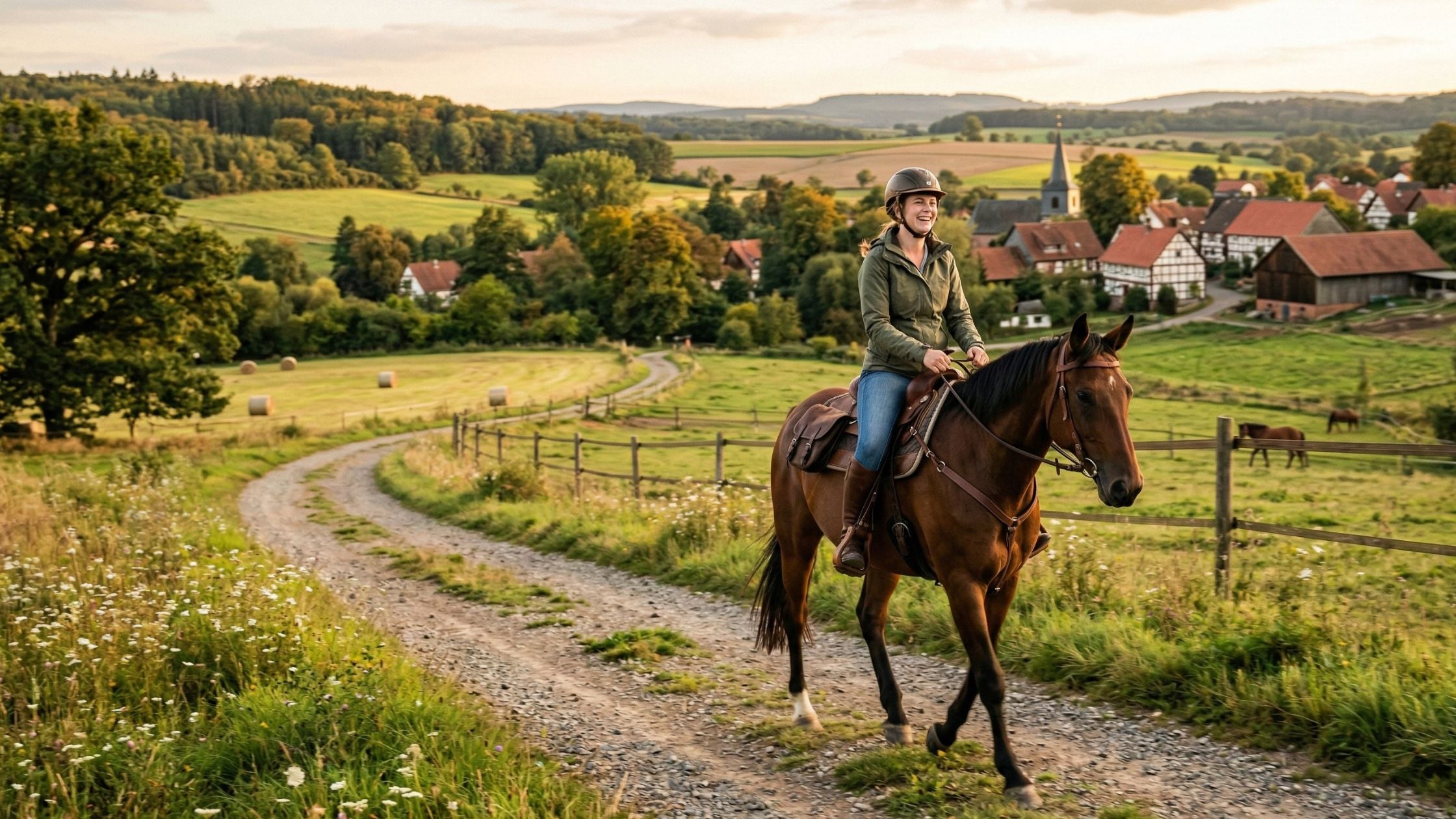 Eine junge Frau reitet ihr Pferd. Ein Idyllisches Dorf befindet sich im Hintergrund.