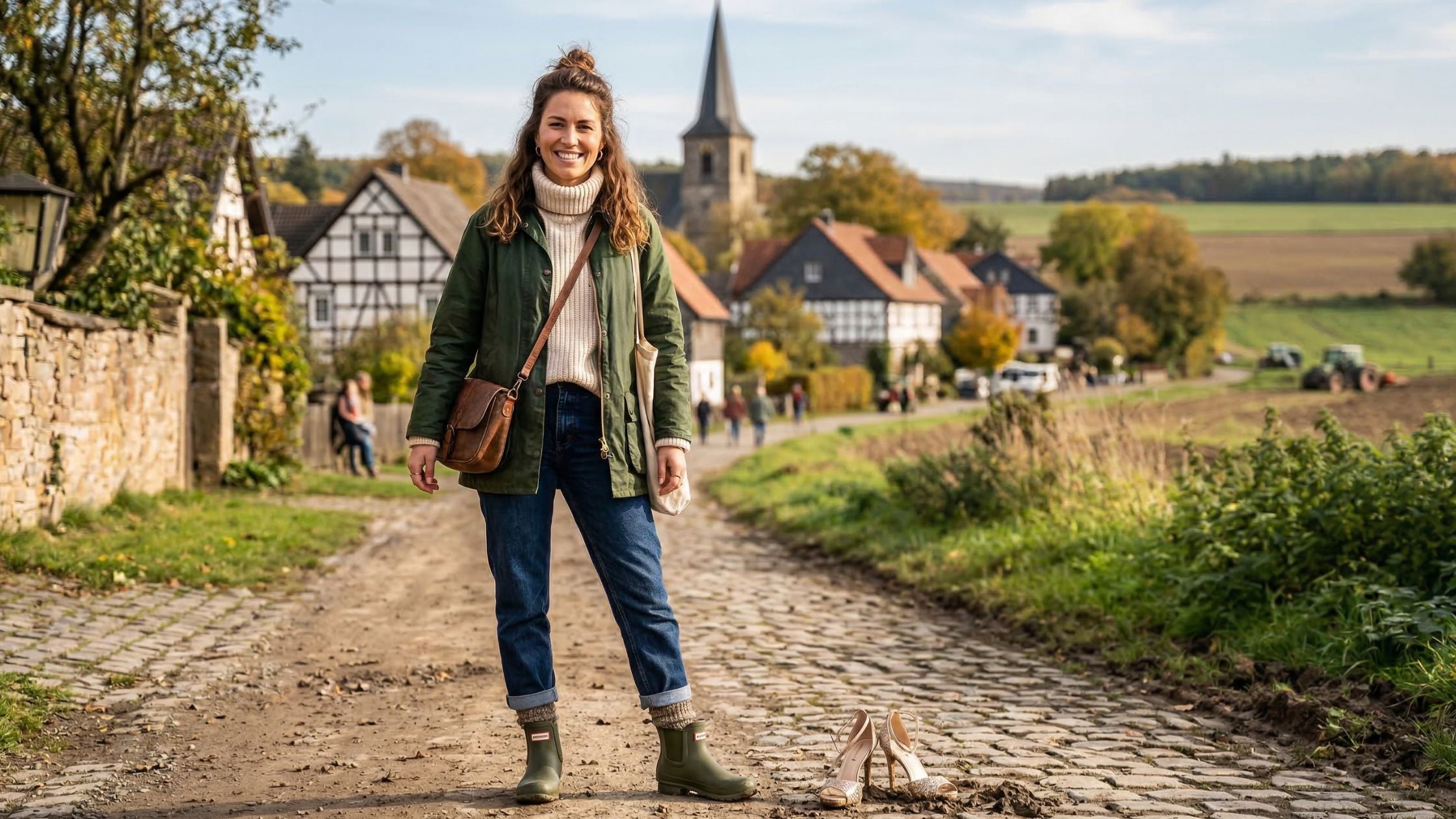 Eine junge Frau im grünen Trenchcoat, cremefarbenem Rollkragenpullover, Jeans und Gummistiefeln steht lächelnd auf einem unbefestigten Feldweg. Zu ihren Füßen stehen ein Paar Gummistiefel und ein Paar offene High Heels.
