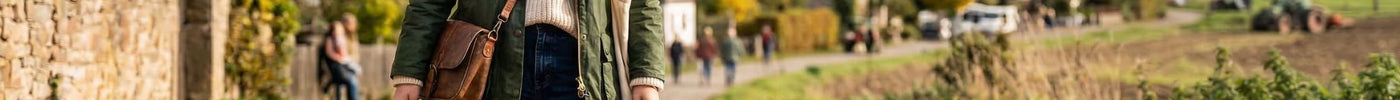 Eine junge Frau im grünen Trenchcoat, cremefarbenem Rollkragenpullover, Jeans und Gummistiefeln steht lächelnd auf einem unbefestigten Feldweg. Zu ihren Füßen stehen ein Paar Gummistiefel und ein Paar offene High Heels.