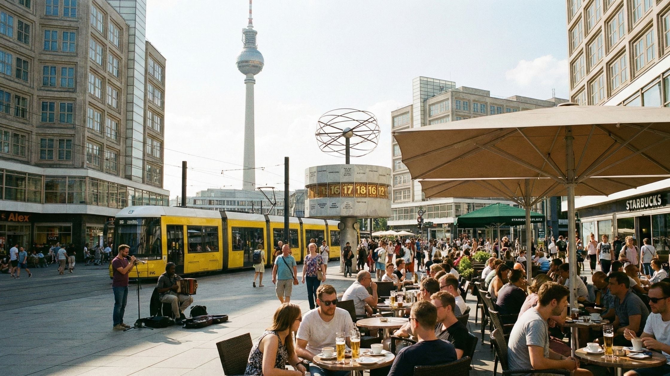 Menschen sitzen im Café am Alexanderplatz Berlin. Straßenmusiker spielen, eine Tram fährt vorbei und im Hintergrund sieht man den Fernsehturm und die Weltzeituhr.