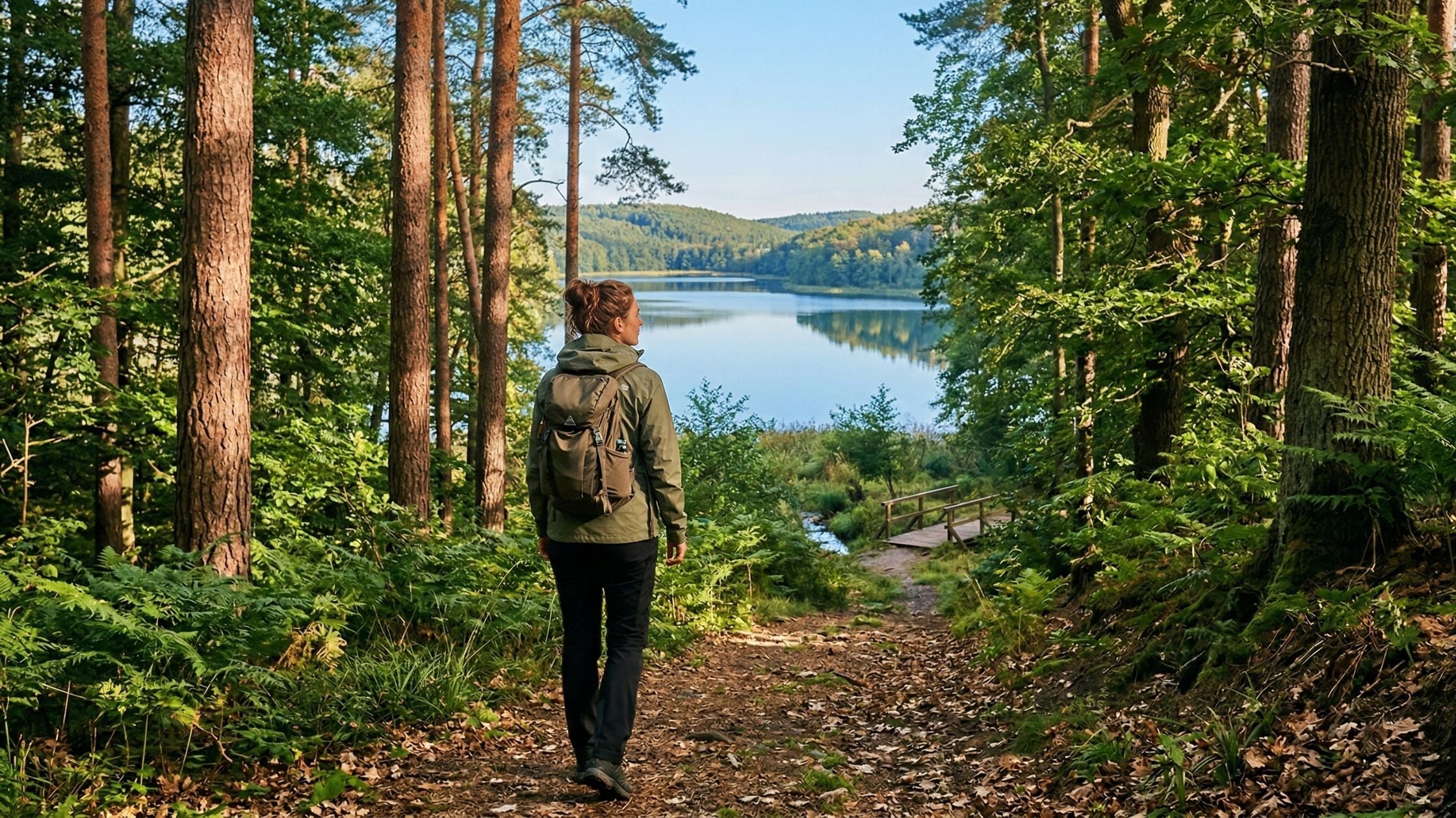 Eine Frau wandert in Brandenburg und steht am Waldrand und schaut sich den See in der Ferne an.