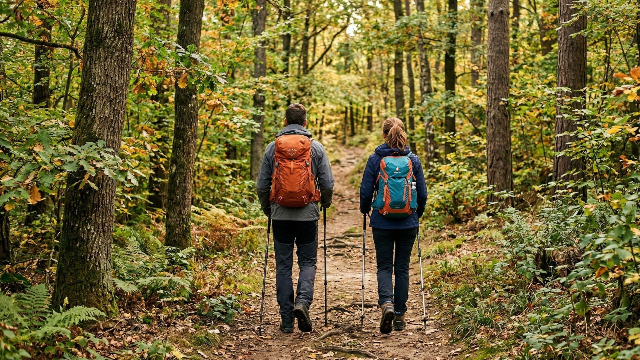 Zwei Wanderer gehen einen steilen Pfad im Wald hoch. Beide haben einen Rucksack an und Stöcke dabei.