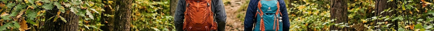 Zwei Wanderer gehen einen steilen Pfad im Wald hoch. Beide haben einen Rucksack an und Stöcke dabei.