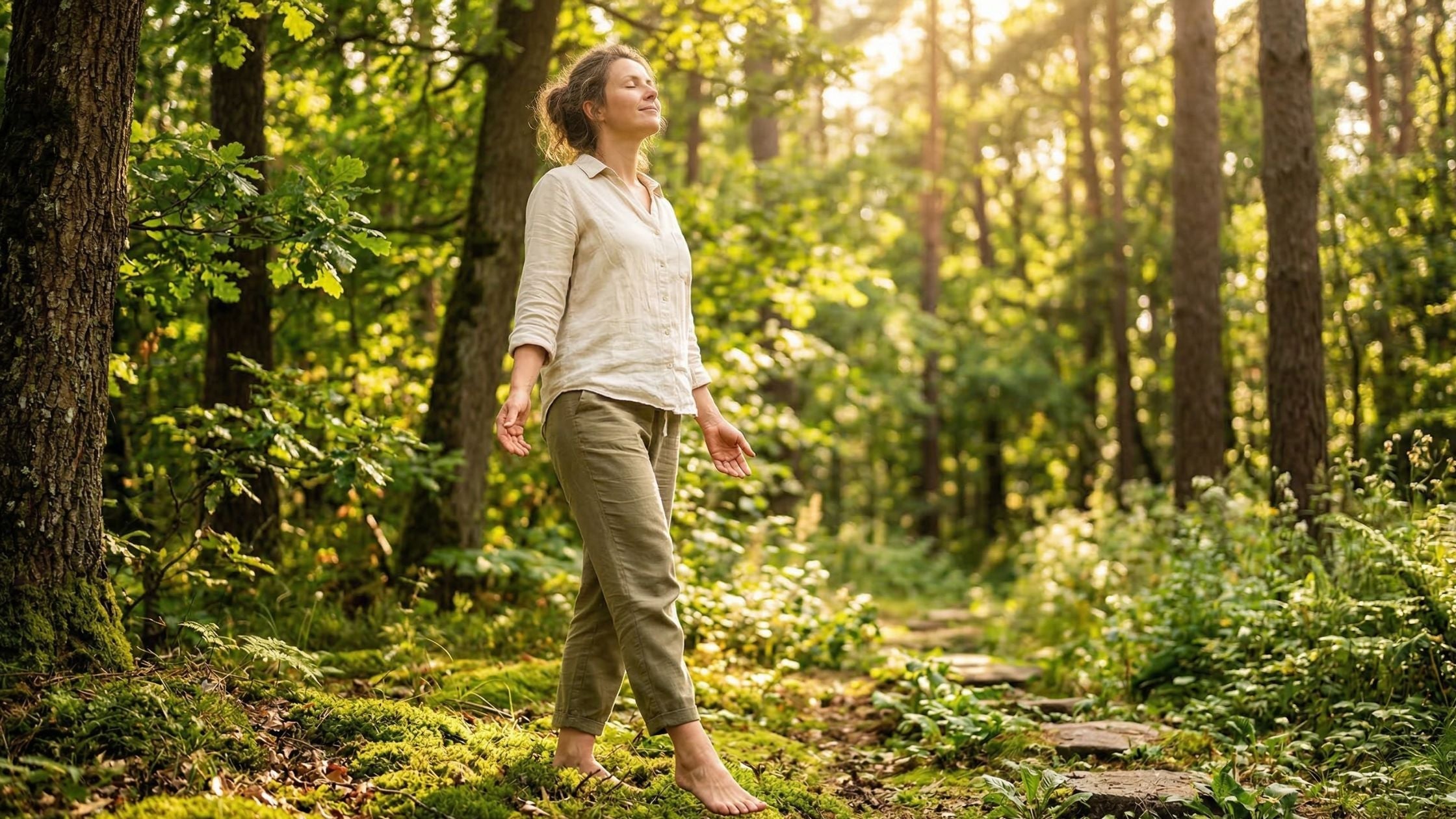 Eine Frau steht barfuß im Wald und lässt die Sonne auf sich strahlen.