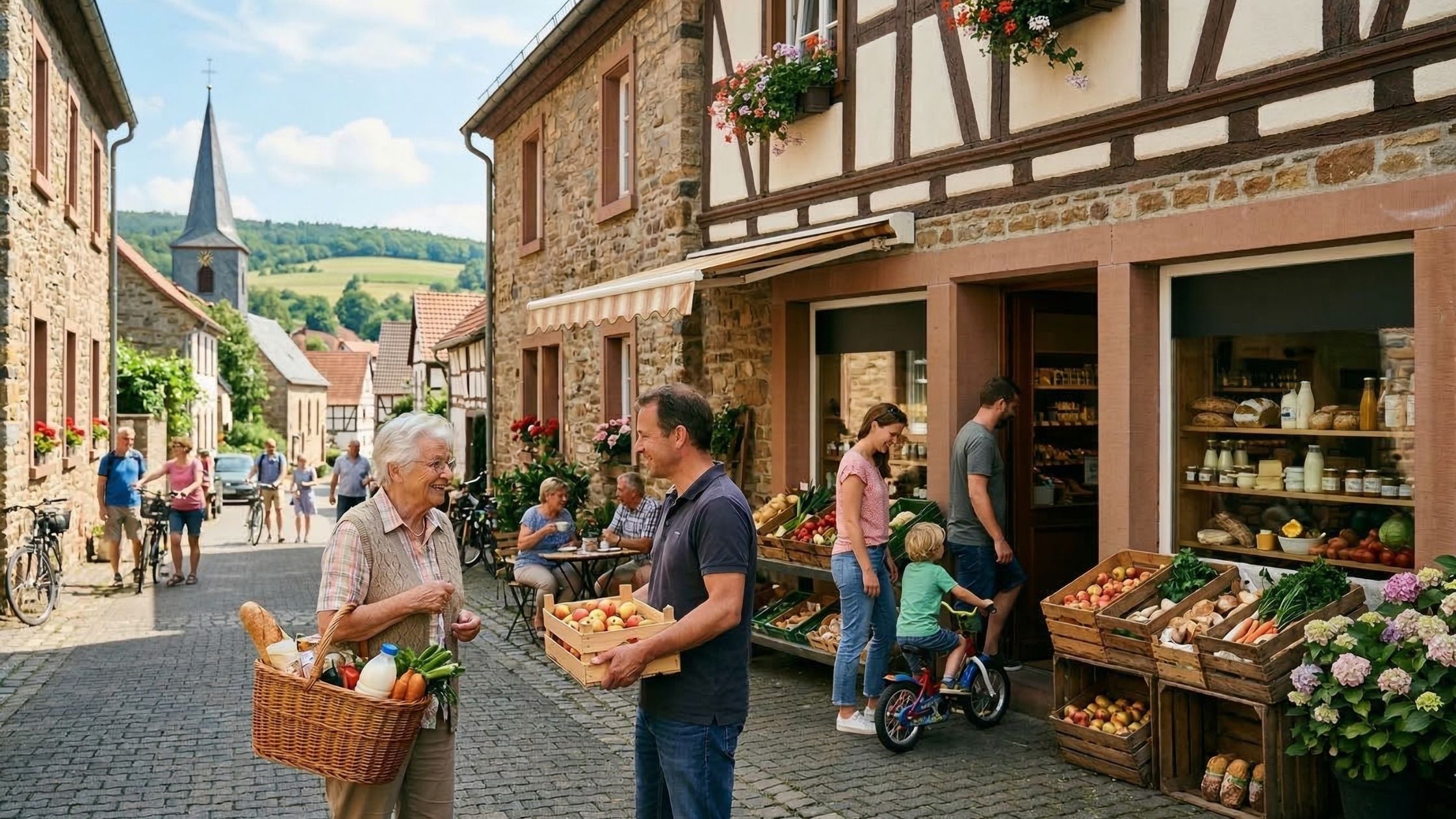 Idyllischer Dorfladen als sozialer Treffpunkt: Menschen kaufen lokales Gemüse und unterhalten sich vor einem Fachwerkaus in einem Dorf. Symbolbild für Nahversorgung und Gemeinschaft im ländlichen Raum.