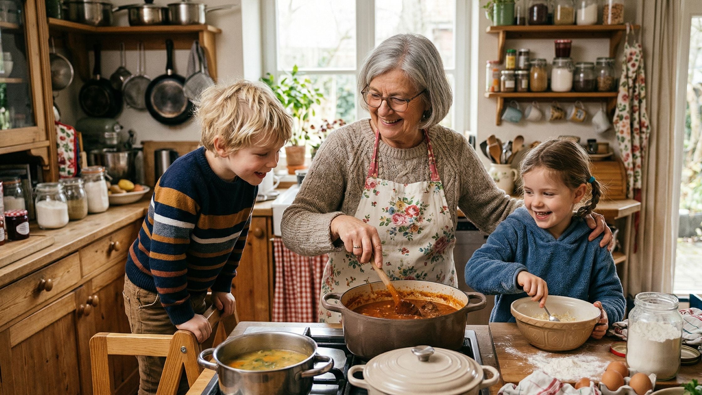 Eine lächelnde Großmutter kocht gemeinsam mit ihren zwei Enkelkindern in einer gemütlichen, rustikalen Küche.