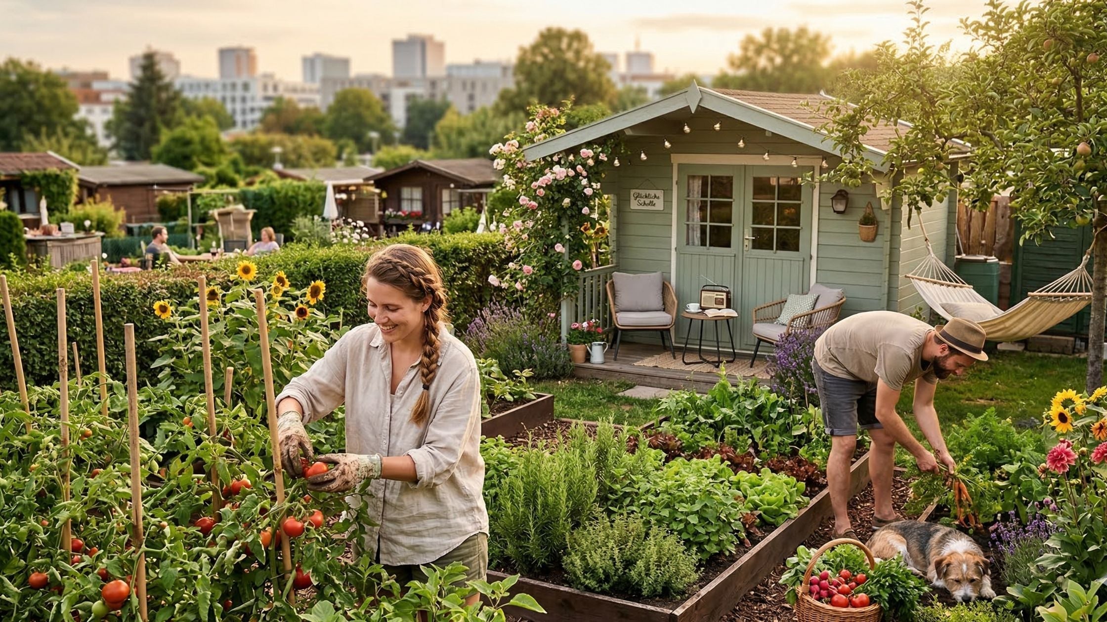 Junges Paar bei der Gemüseernte in einem modernen, urbanen Schrebergarten mit gemütlichem Gartenhäuschen.