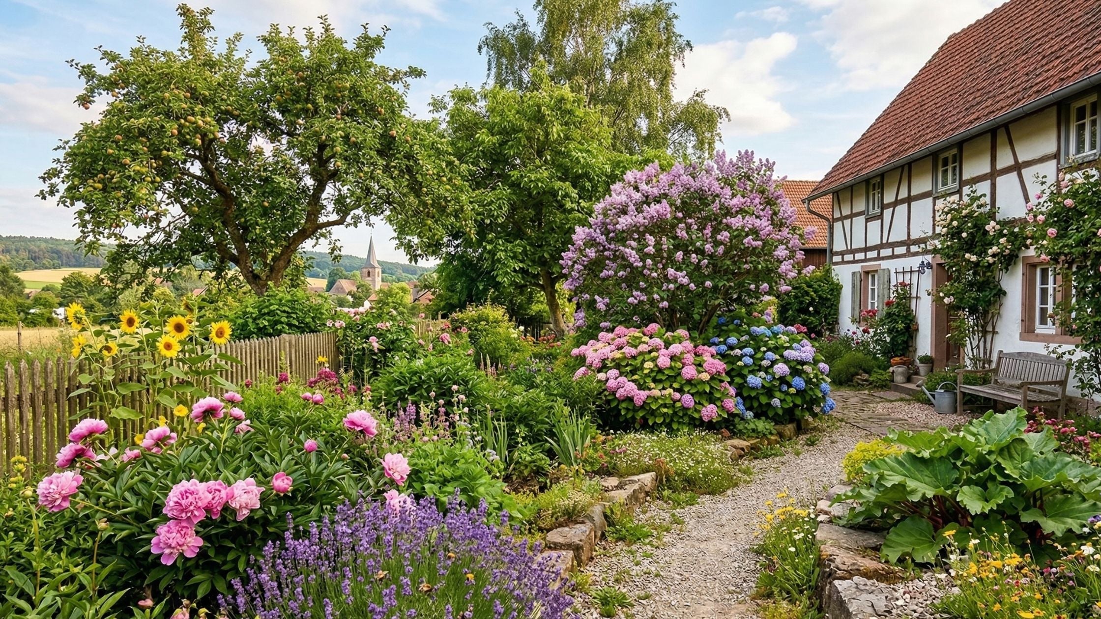 Man sieht einen wunderschönen Garten mit vielen Blumen und Bäumen.