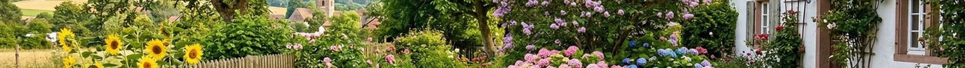 Man sieht einen wunderschönen Garten mit vielen Blumen und Bäumen.
