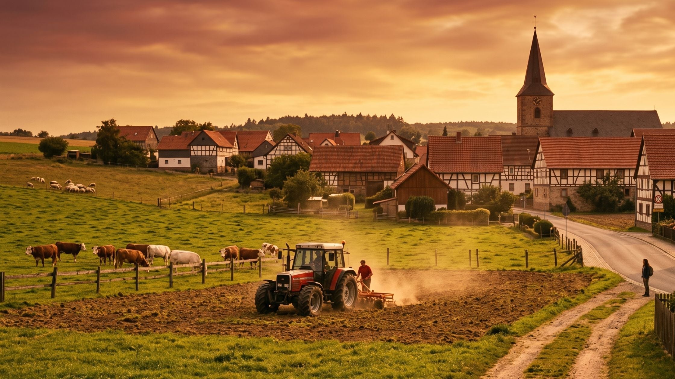 Eine malerische Ansicht eines deutschen Dorfes bei Sonnenuntergang mit Fachwerkhäusern, einer Kirche, einem Traktor auf einem Feld und weidenden Kühen.