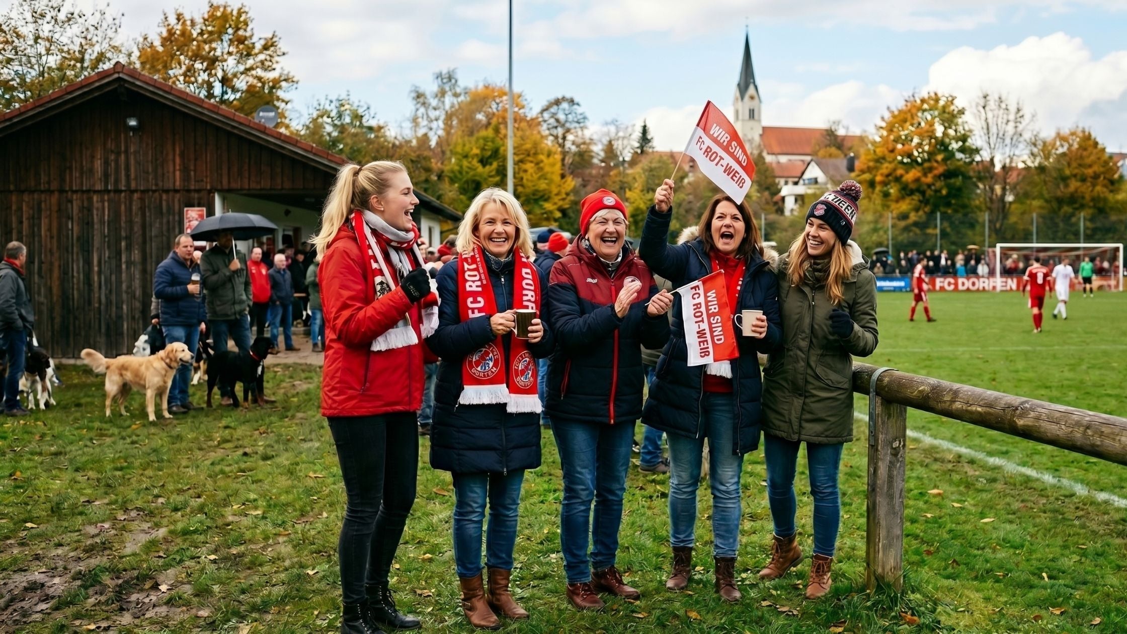 Fünf jubelnde Frauen in rot-weißer FC Rot-Weiss-Fankleidung am Spielfeldrand eines Fußballvereins.