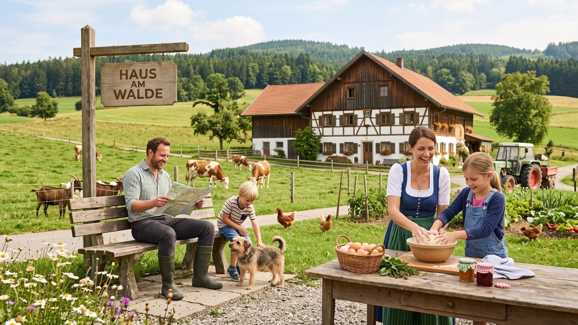 Eine Familie genießt einen sonnigen Tag auf einem idyllischen Bauernhof im Schwarzwald, umgeben von grünen Wiesen, Bergen, Kühen und Ziegen. Der Vater liest eine Karte, während die Mutter und Tochter am Tisch Teig kneten.