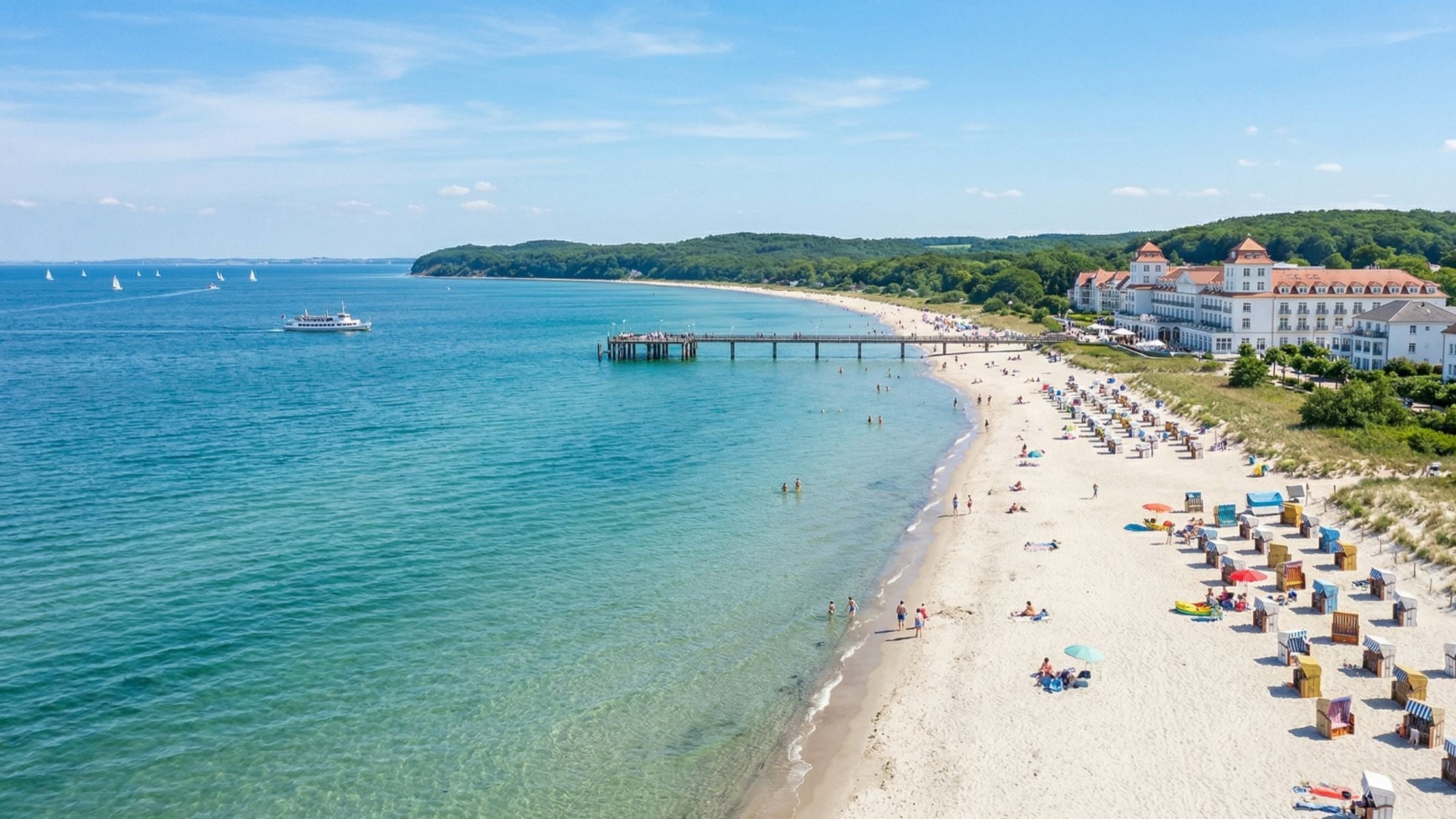 Sonniger Ostseestrand mit weißem Sand, bunten Strandkörben, einer langen Seebrücke und eleganter Bäderarchitektur unter blauem Himmel.