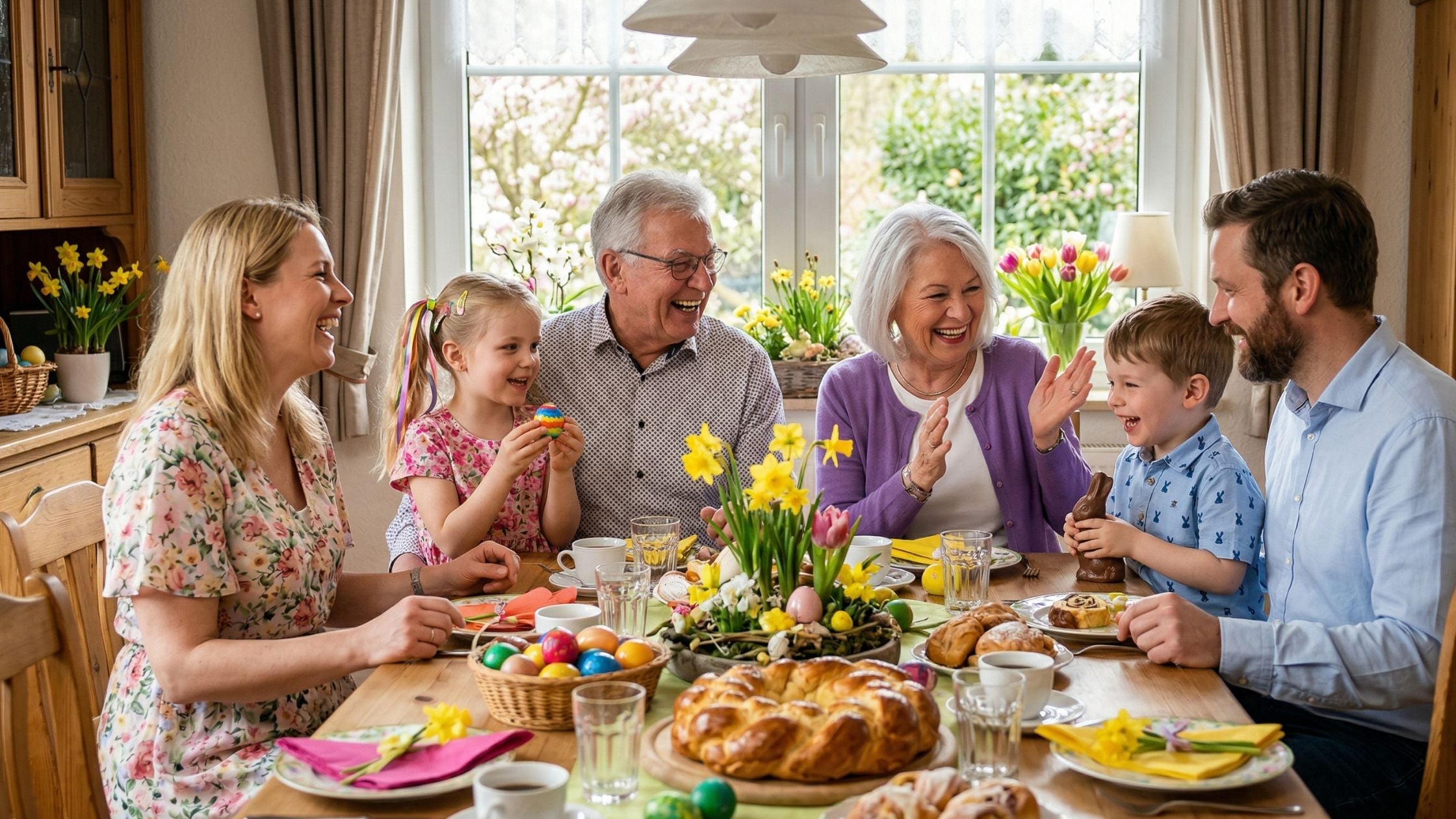 Eine glückliche Familie aus drei Generationen sitzt lachend an einem festlich geschmückten Tisch beim Osterbrunch mit traditionellem Gebäck und bunten Eiern.