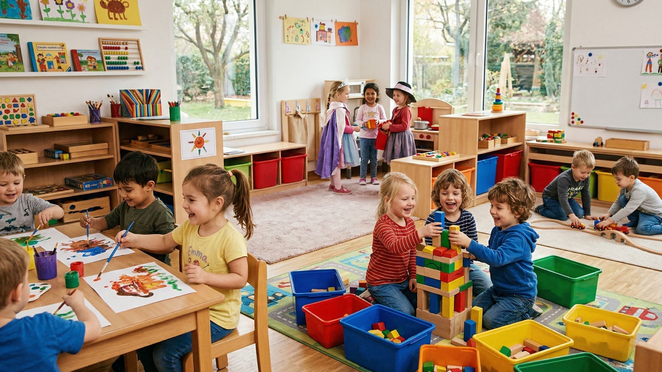 Fröhliche Kinder beim gemeinsamen Spielen, Malen und Bauen in einem hellen, freundlichen Kindergartenraum mit Holzspielzeug.