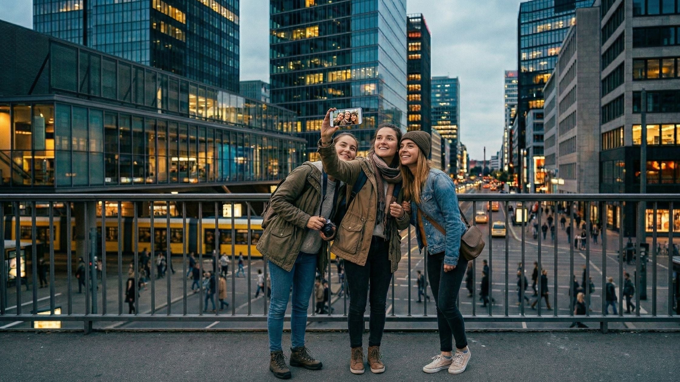 Drei junge Frauen machen ein gemeinsames Selfie auf einer Brücke vor einer beeindruckenden Großstadt-Kulisse mit modernen Hochhäusern und gelben Straßenbahnen.