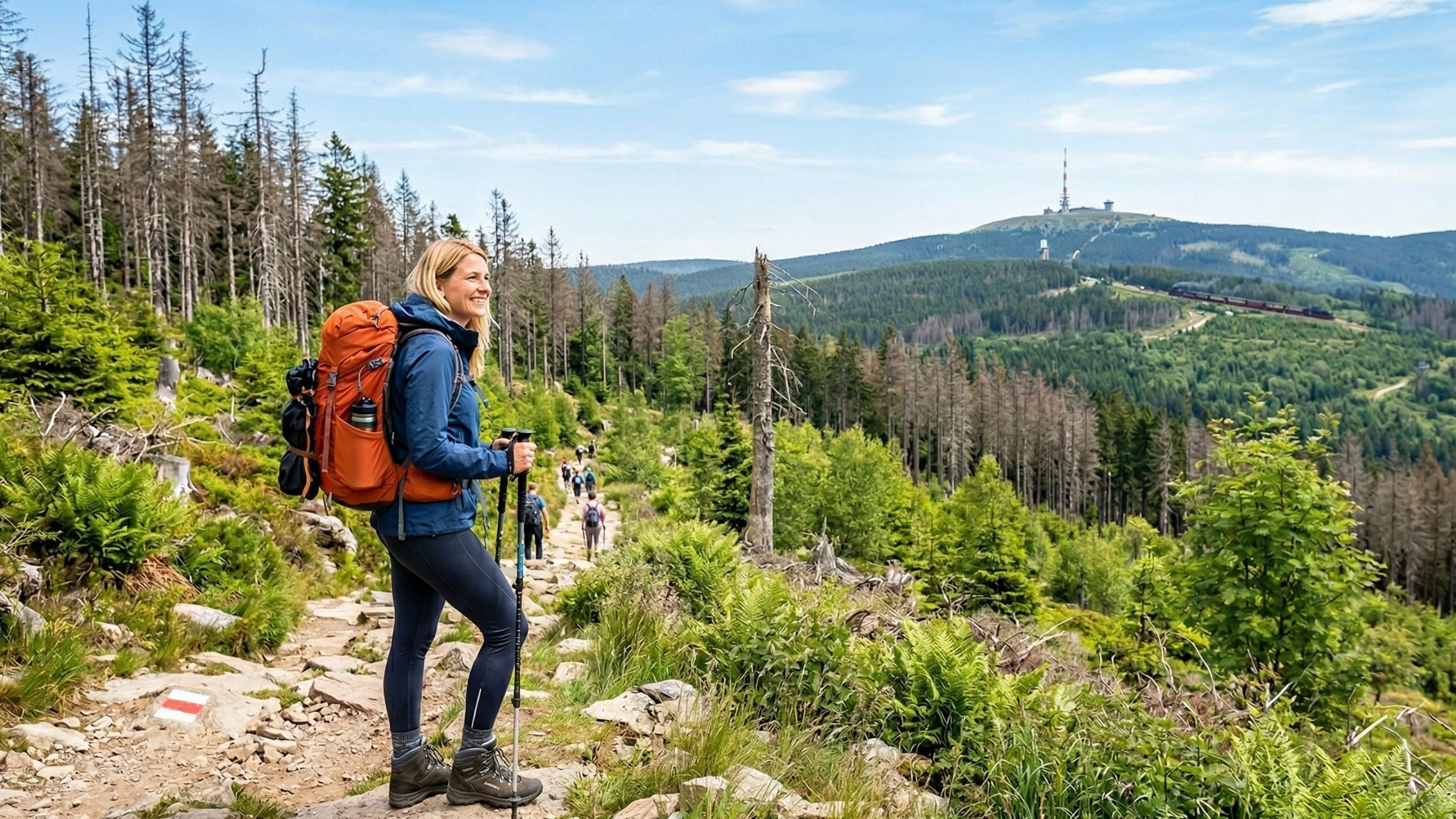 Wanderin mit orangefarbenem Rucksack blickt auf den Brocken im Harz mit der Brockenbahn und regenerierendem Wald im Hintergrund.