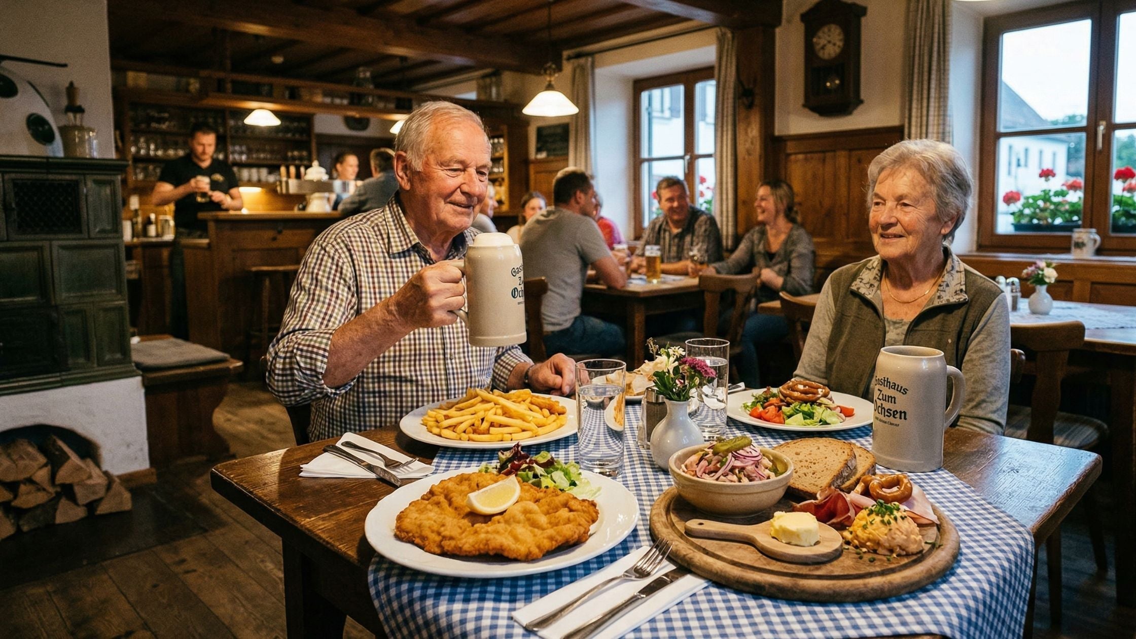 Ein älteres Ehepaar genießt ein traditionelles Abendessen - Schnitzel, Brotzeit - in einem gemütlichen, rustikalen Gasthaus. Der Mann erhebt seinen Bierkrug.