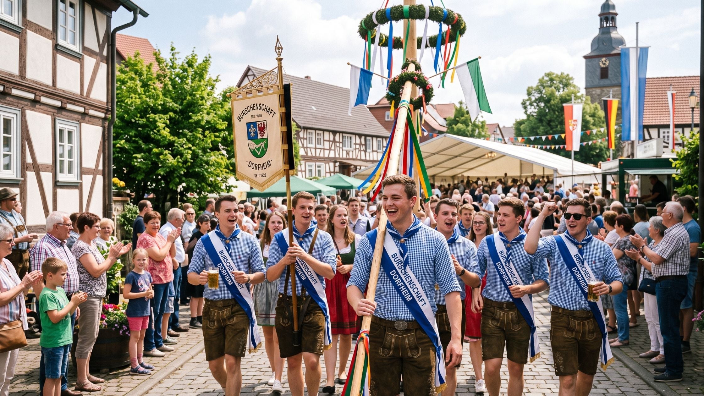 Eine fröhliche Dorf-Burschenschaft in Trachtenhemden und Lederhosen zieht mit einer Vereinsfahne an einem geschmückten Maibaum vorbei, während Dorfbewohner am Straßenrand klatschen.
