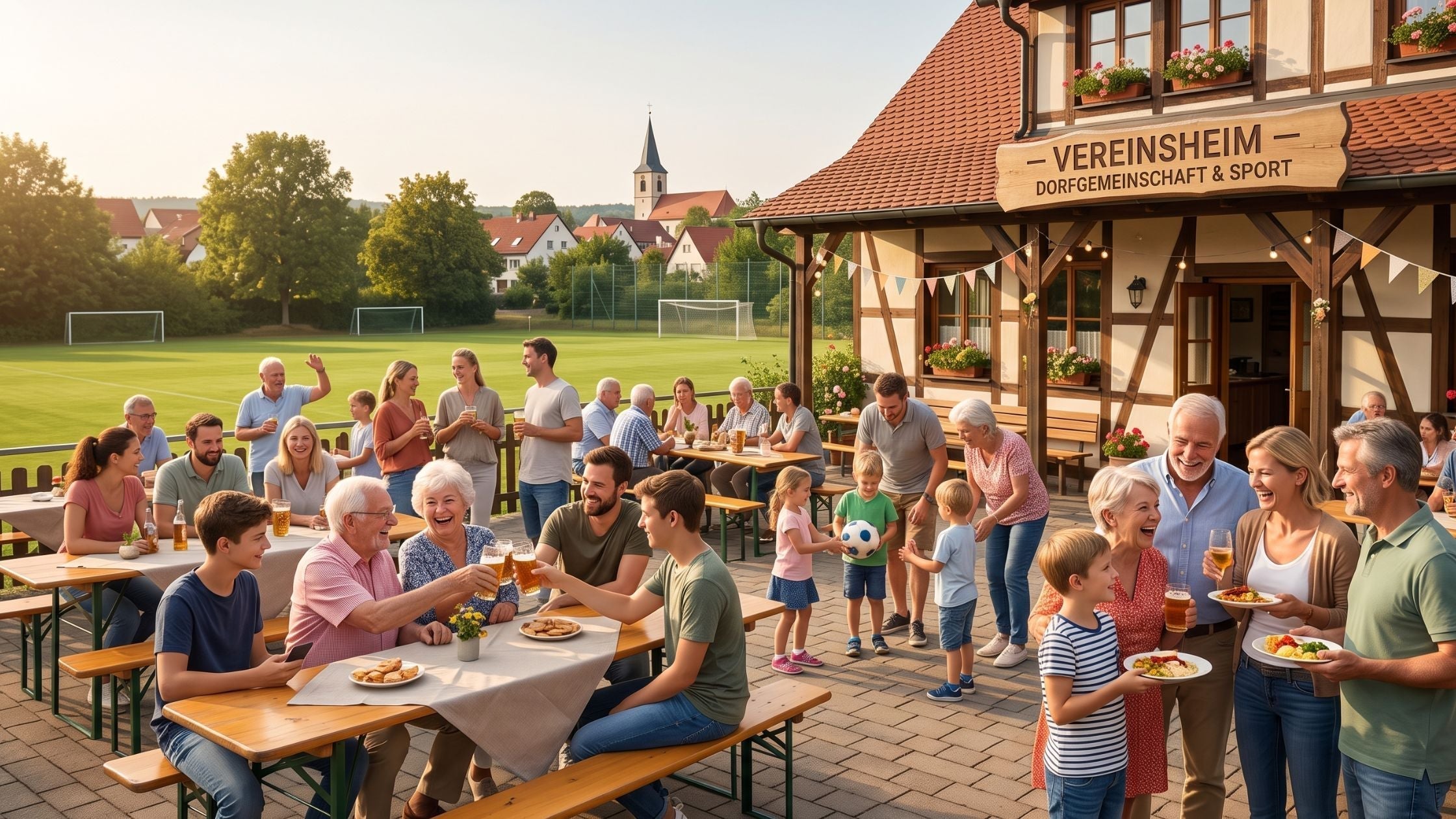 Ein Foto zeigt eine Menschengruppe im Freien. Viele Personen sitzen an Tischen, essen und trinken. Ein Mann auf der rechten Seite hält einen Teller in seiner Hand und lacht. Im Hintergrund ist ein Gebäude zu sehen.