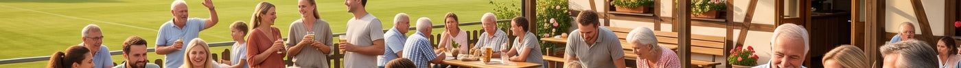 Ein Foto zeigt eine Menschengruppe im Freien. Viele Personen sitzen an Tischen, essen und trinken. Ein Mann auf der rechten Seite hält einen Teller in seiner Hand und lacht. Im Hintergrund ist ein Gebäude zu sehen.